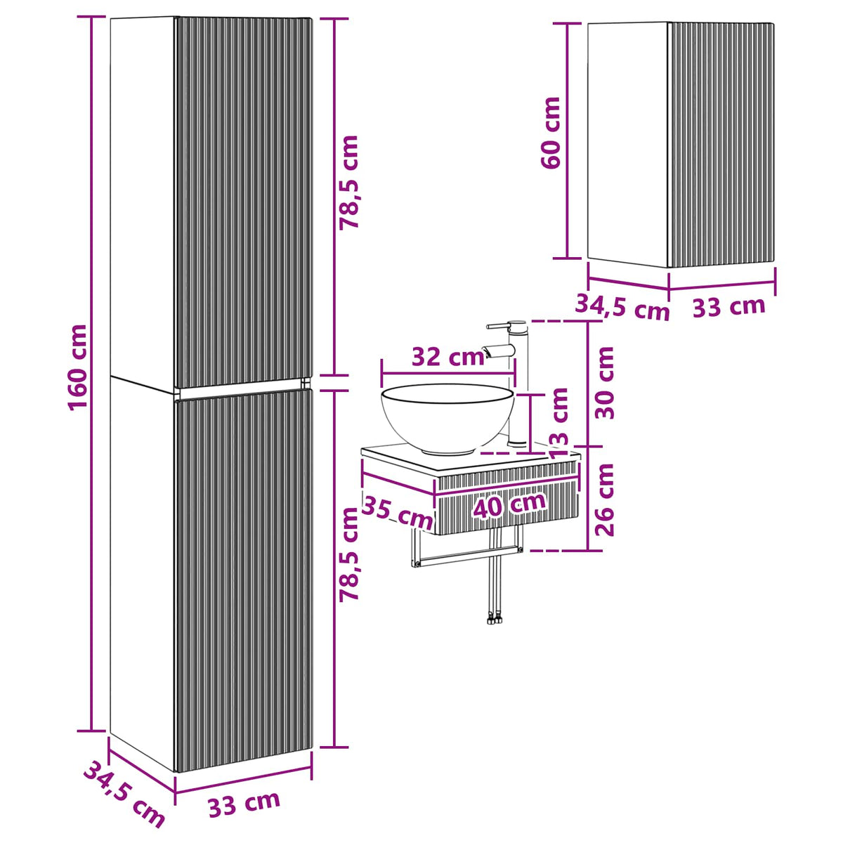 vidaXL Badkamermeubelset 3 st Wit 33 x 34,5 x 160 cm Bewerkt hout