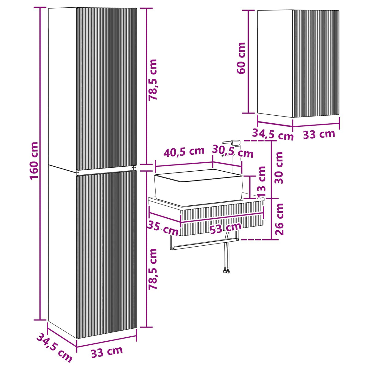 vidaXL Badkamermeubelset 3 st Wit 33 x 34,5 x 160 cm Bewerkt hout