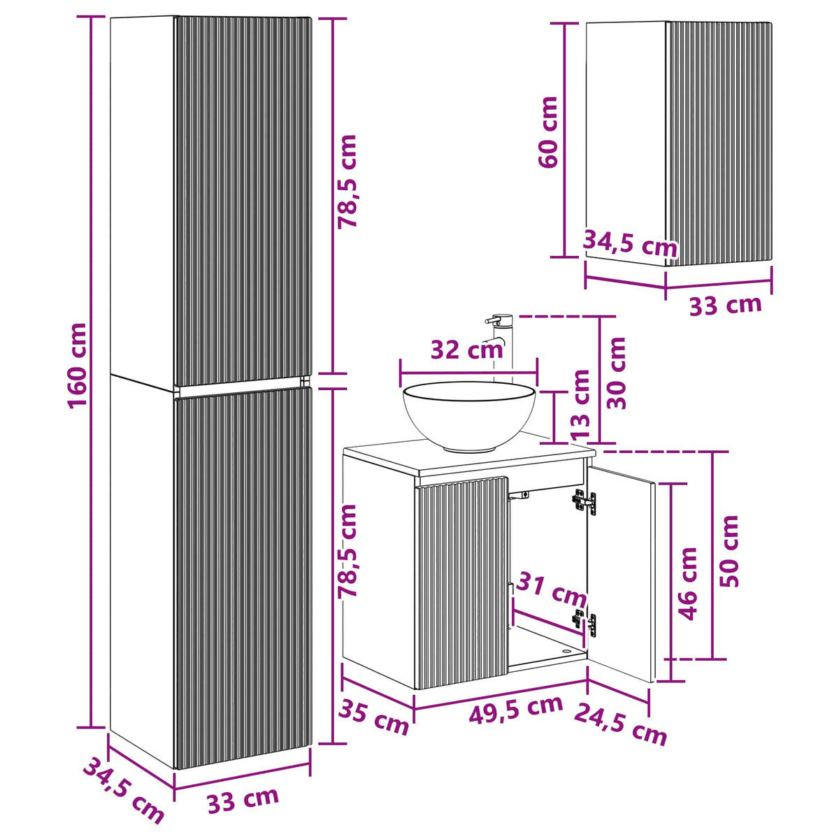 vidaXL Badkamermeubelset 3 st Wit 33 x 34,5 x 160 cm Bewerkt hout
