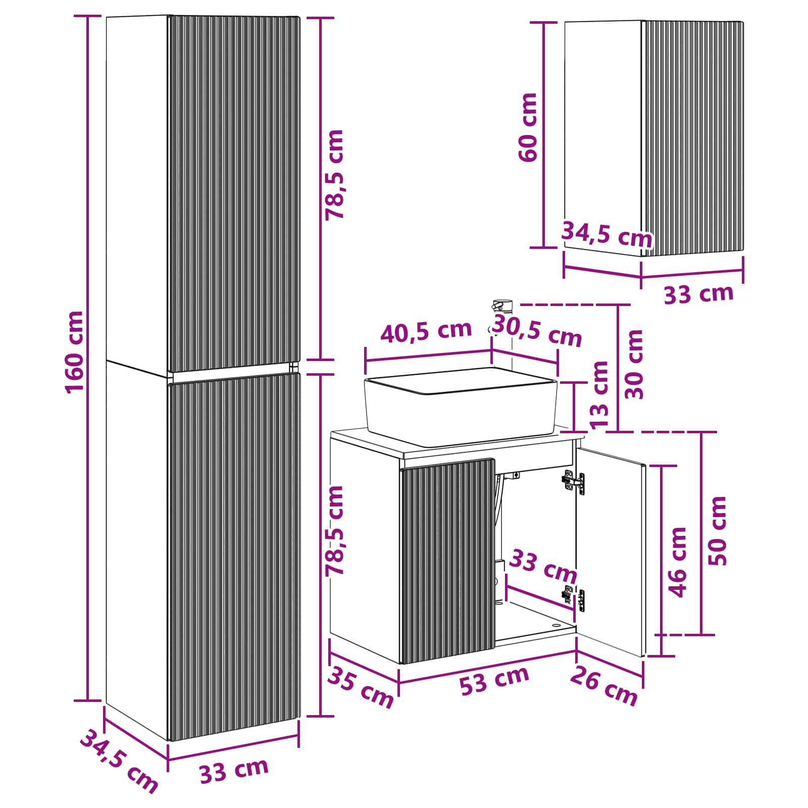 vidaXL Badkamermeubelset 3 st Wit 33 x 34,5 x 160 cm Bewerkt hout