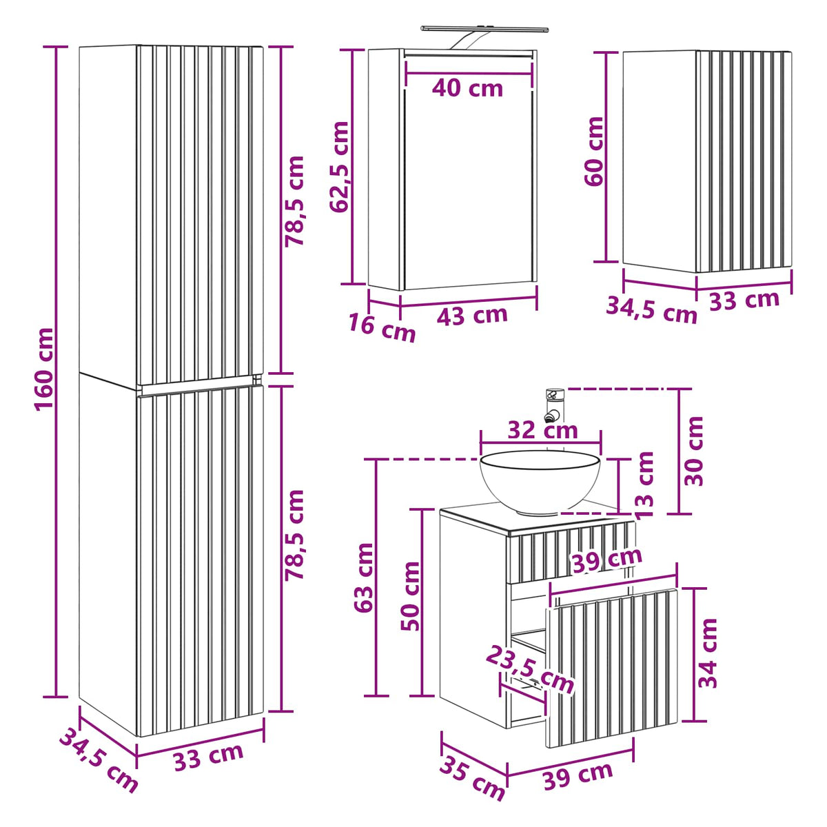 vidaXL Badkamermeubelset 3 st Wit 33 x 34,5 x 160 cm Bewerkt hout