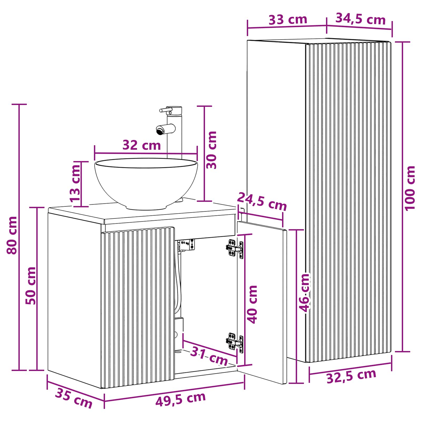 vidaXL Badkamermeubelset 2 st Wit 33 x 34,5 x 100 cm Bewerkt hout