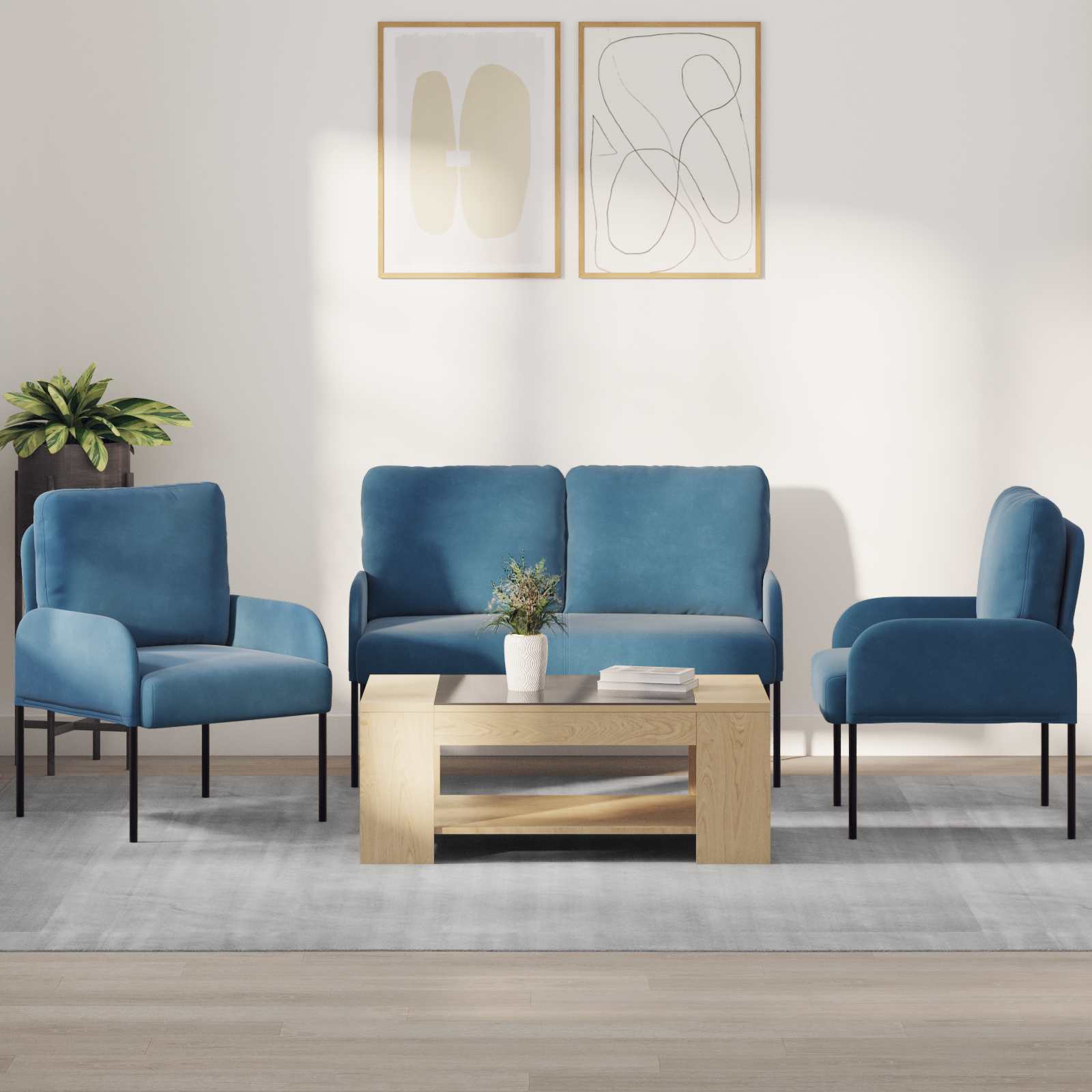 vidaXL Sofa-Sets met kussen 3 pcs Blauw 115 x 56 x 80 cm Multiplex
