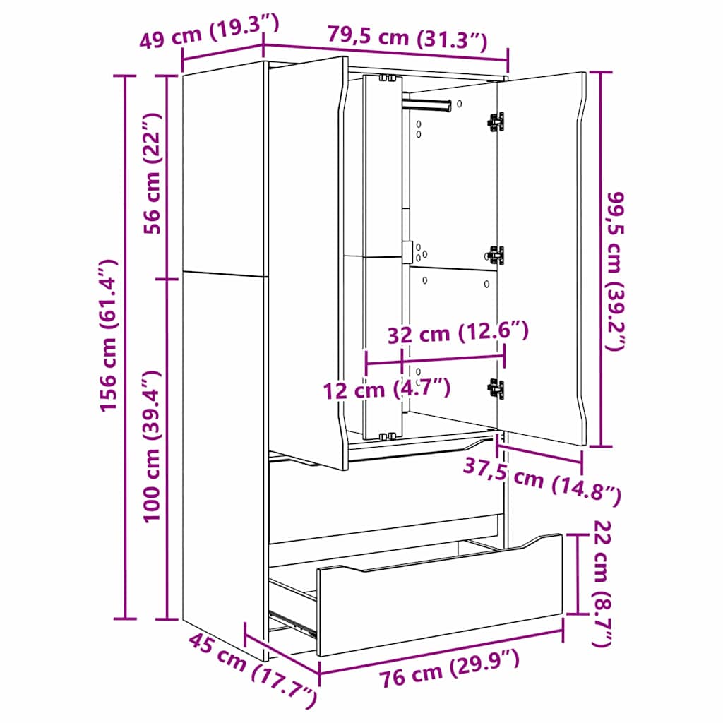 vidaXL Badkamer Kast met lade Wit 79,5 x 49 x 156 cm Bewerkt hout