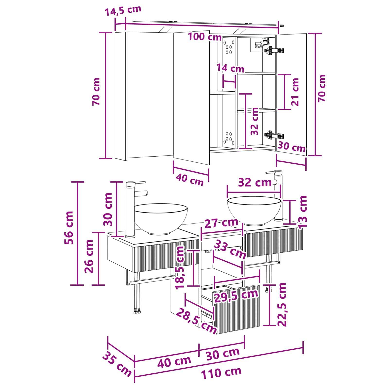 vidaXL Badkamerkastenset 4 pcs Wit 100 x 14,5 x 70 cm Bewerkt hout