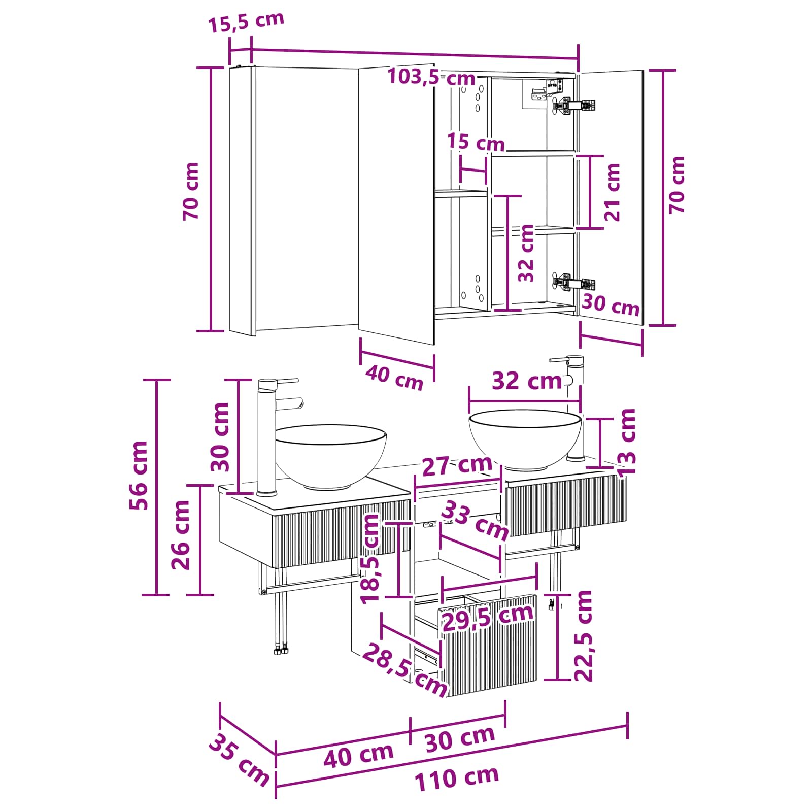 vidaXL Badkamerkastenset 4 pcs Wit 103,5 x 15,5 x 70 cm Bewerkt hout