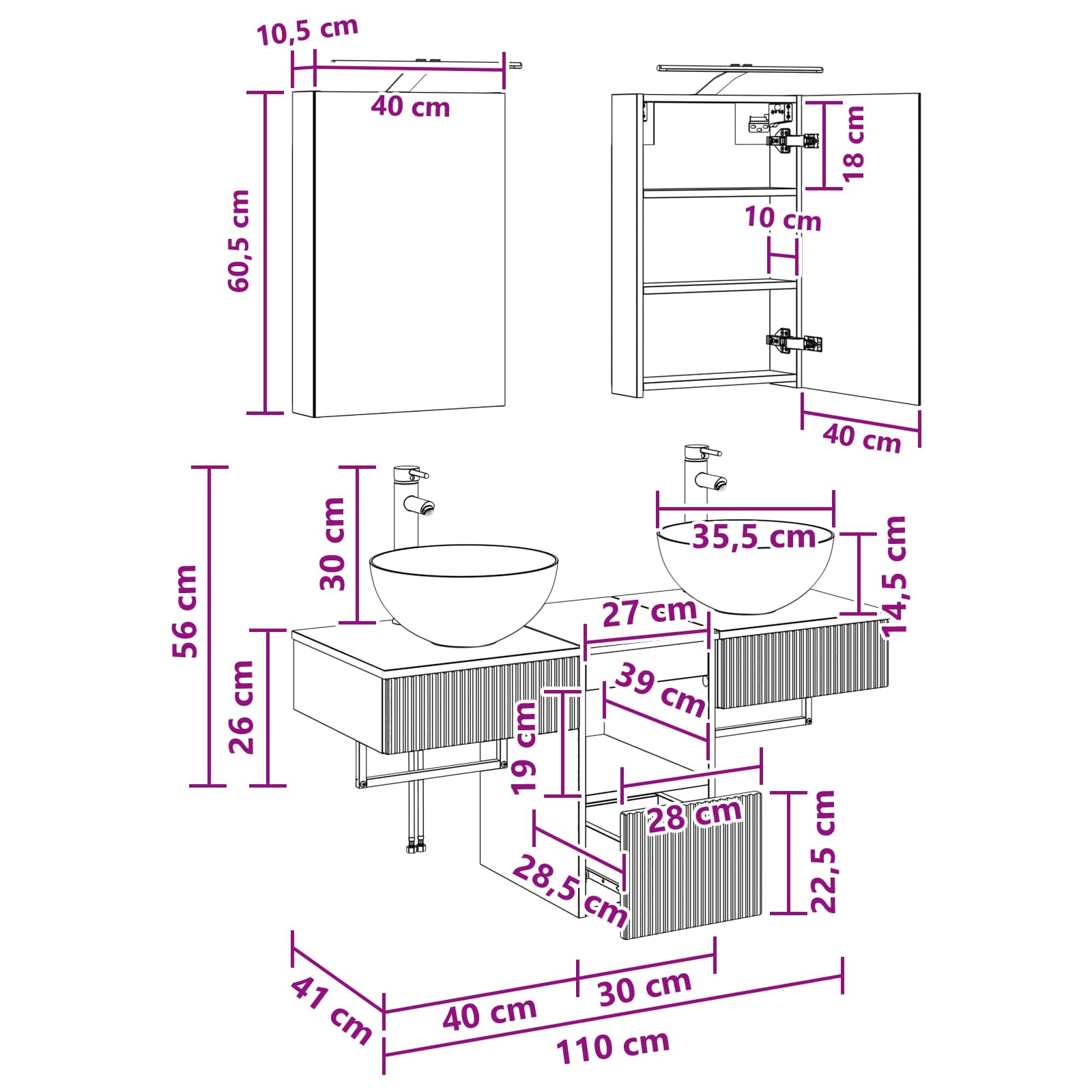 vidaXL Badkamerkastenset 5 pcs Wit 40 x 10,5 x 60,5 cm Bewerkt hout