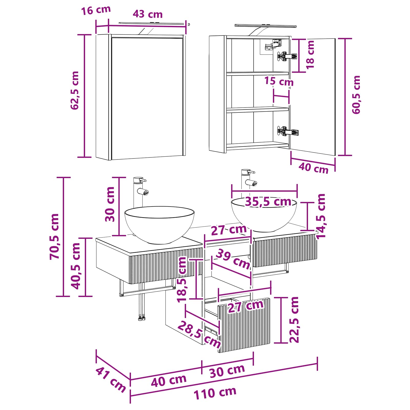 vidaXL Badkamerkastenset 5 pcs Wit 43 x 16 x 62,5 cm Bewerkt hout