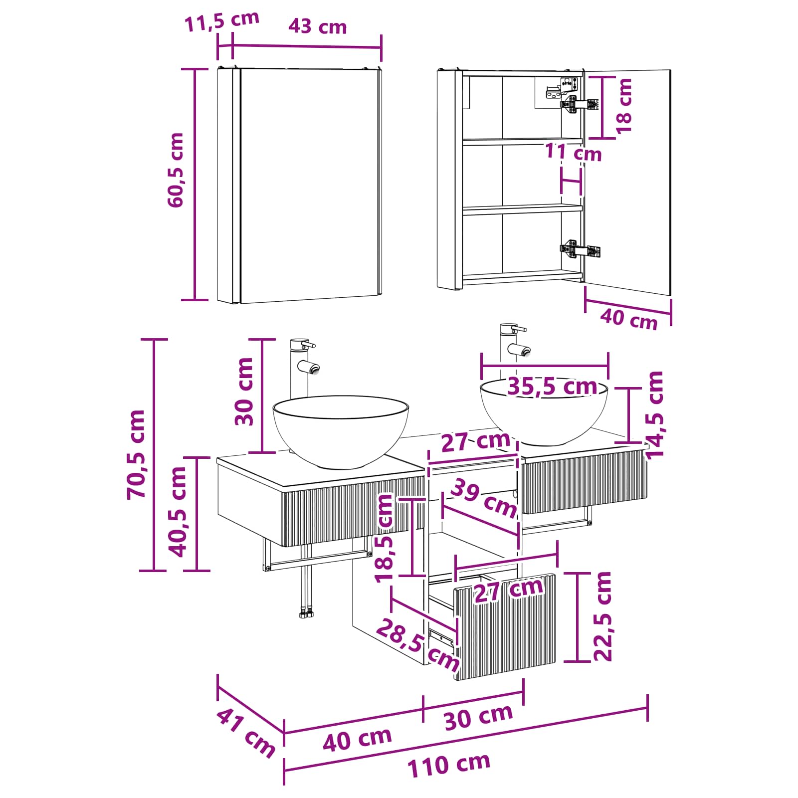 vidaXL Badkamerkastenset 5 pcs Wit 43 x 11,5 x 60,5 cm Bewerkt hout