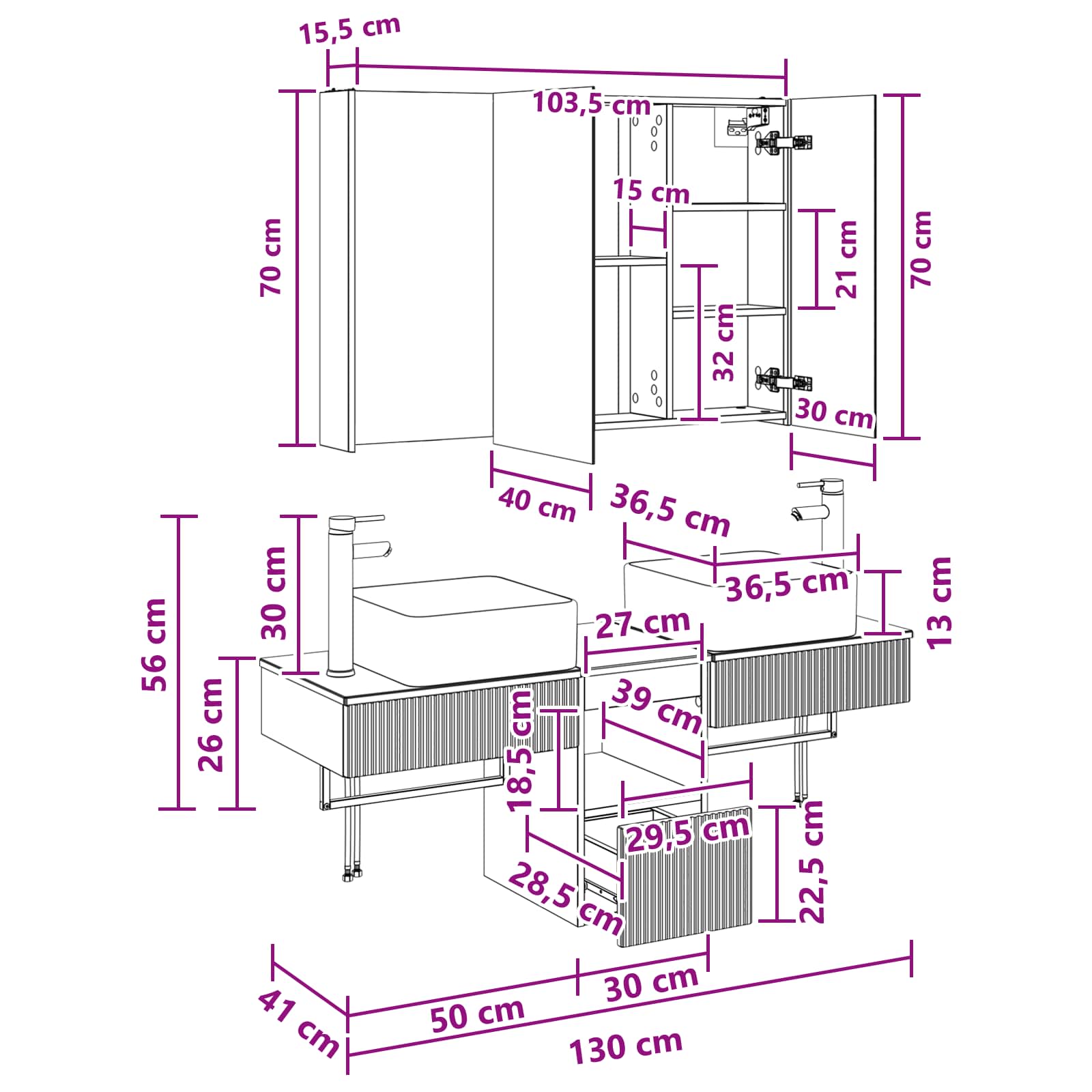 vidaXL Badkamerkastenset 4 pcs Wit 103,5 x 15,5 x 70 cm Bewerkt hout