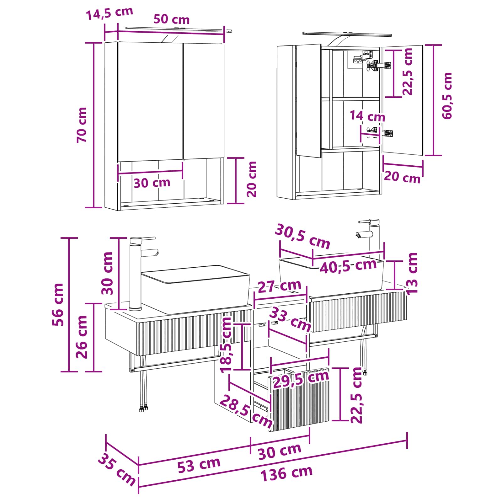 vidaXL Badkamerkastenset 5 pcs Wit 50 x 14,5 x 70 cm Bewerkt hout