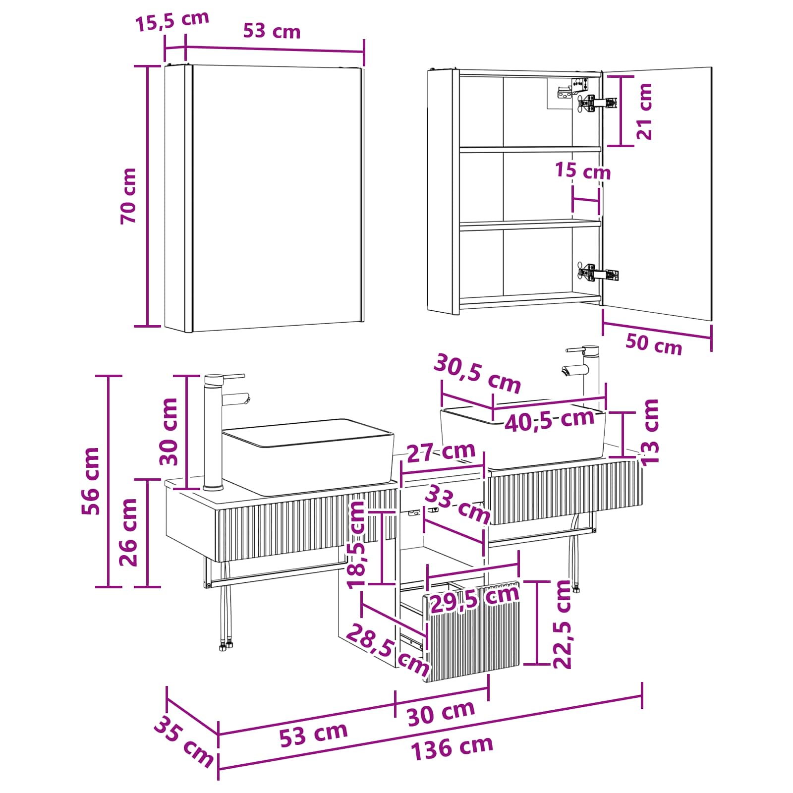 vidaXL Badkamerkastenset 5 pcs Wit 53 x 15,5 x 70 cm Bewerkt hout