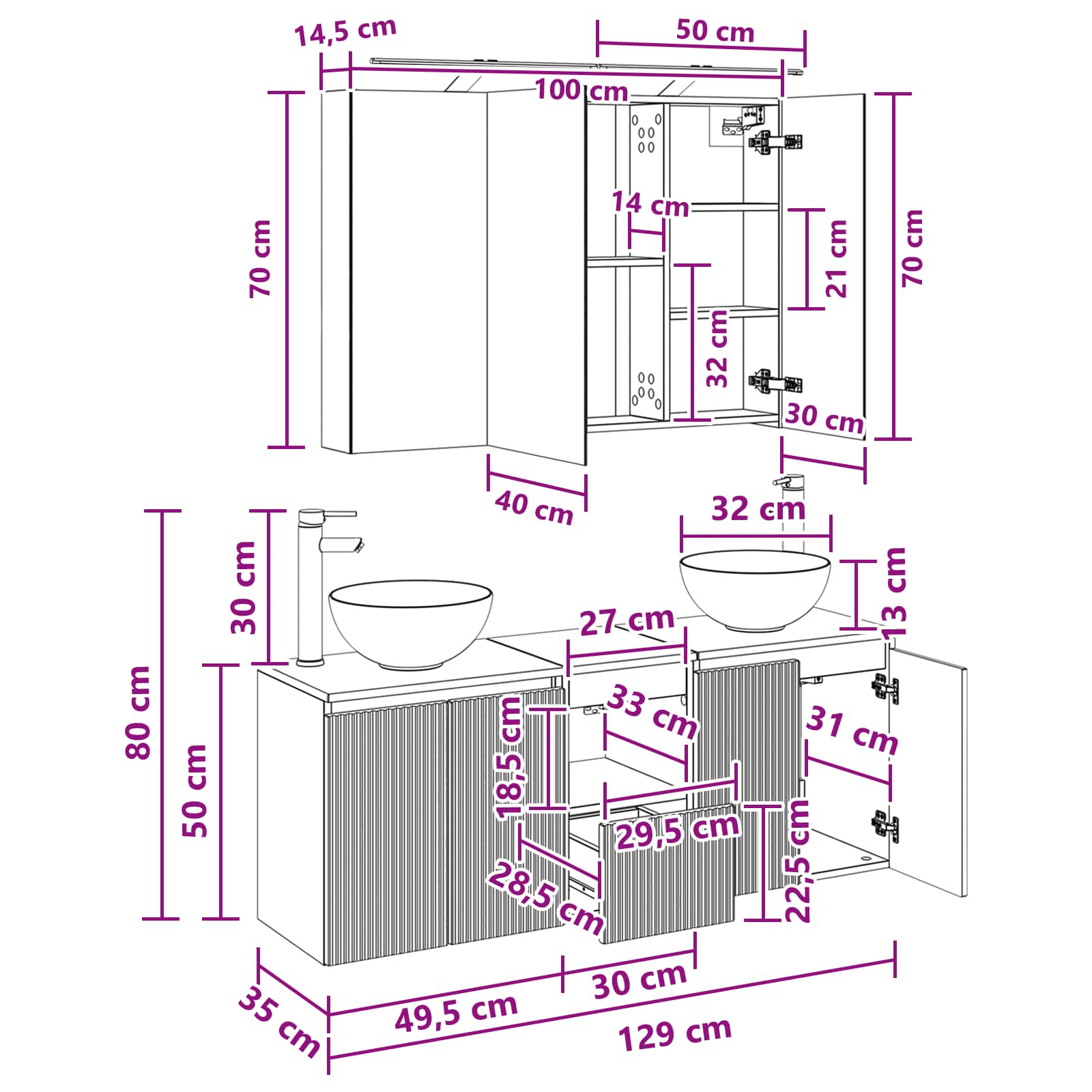 vidaXL Badkamerkastenset 4 pcs Wit 100 x 14,5 x 70 cm Bewerkt hout