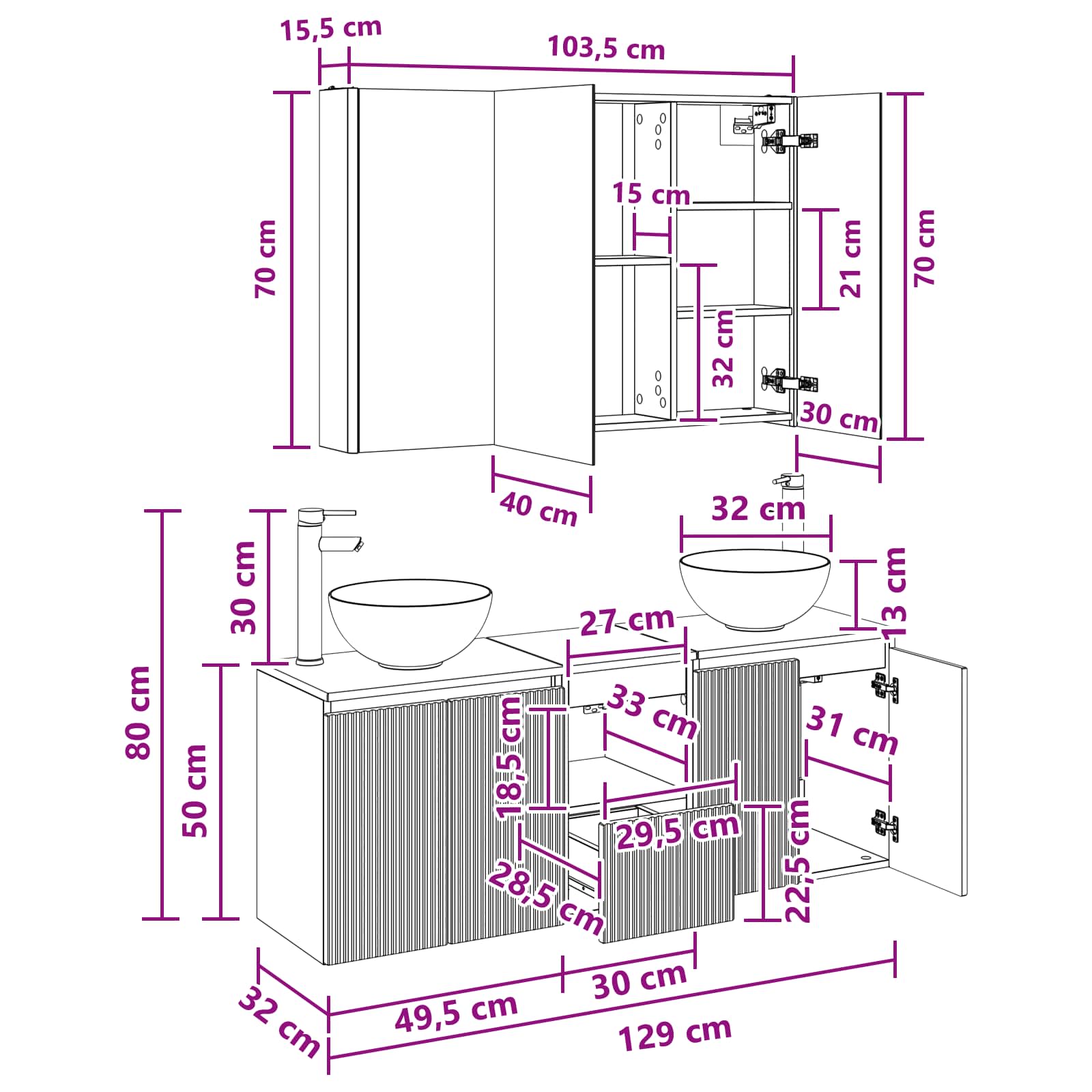 vidaXL Badkamerkastenset 4 pcs Wit 103,5 x 15,5 x 70 cm Bewerkt hout