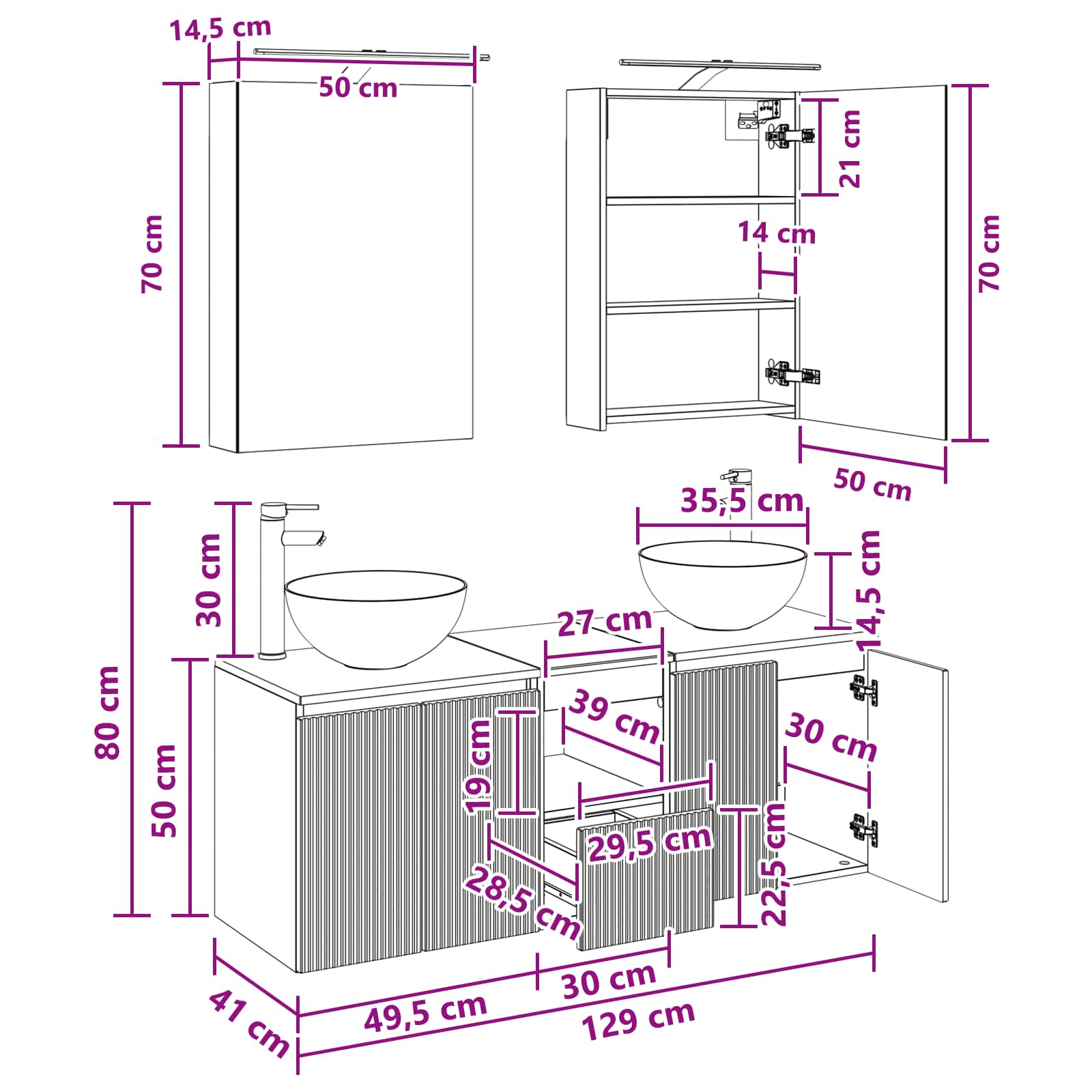 vidaXL Badkamerkastenset 5 pcs Wit 50 x 14,5 x 70 cm Bewerkt hout