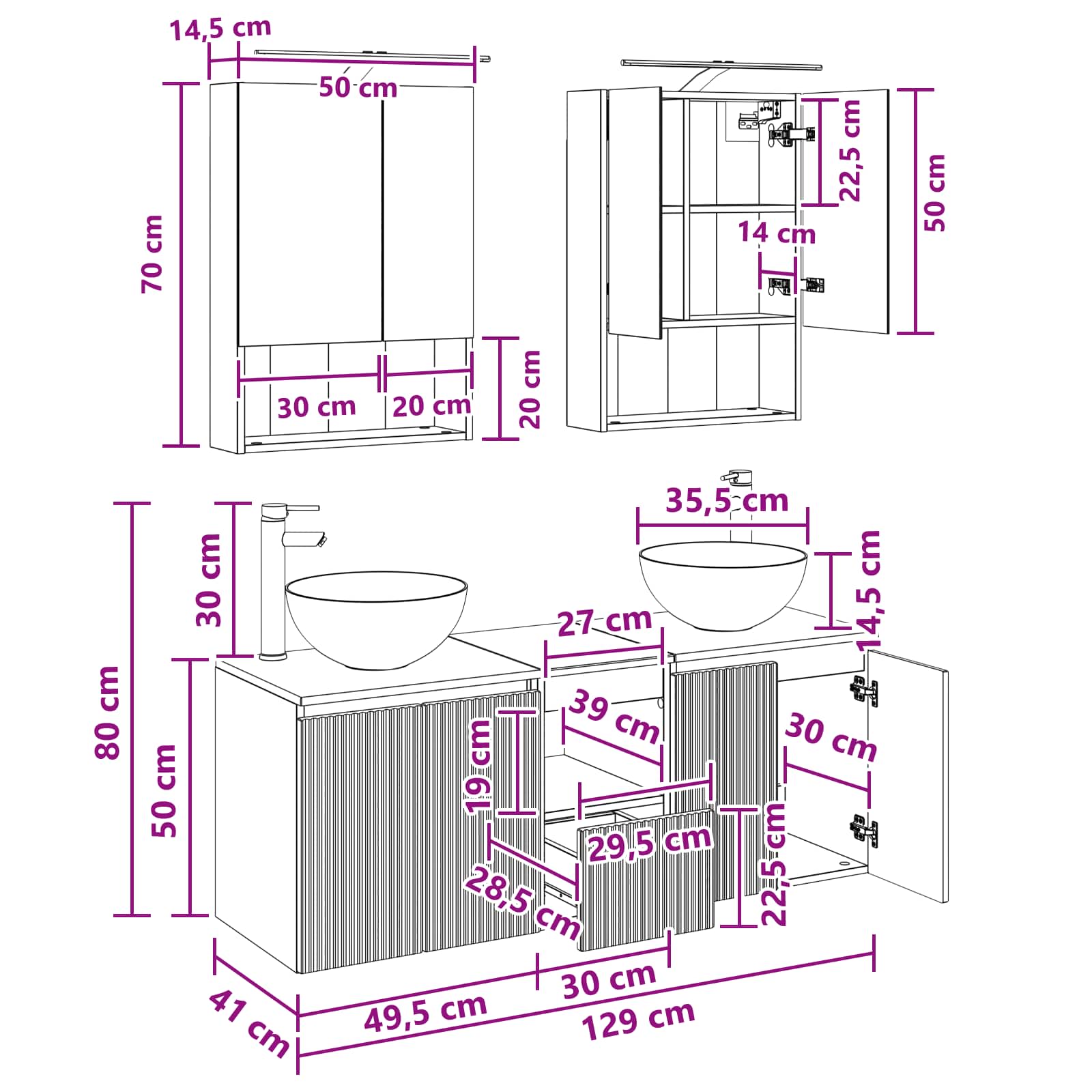 vidaXL Badkamerkastenset 5 pcs Wit 50 x 14,5 x 70 cm Bewerkt hout