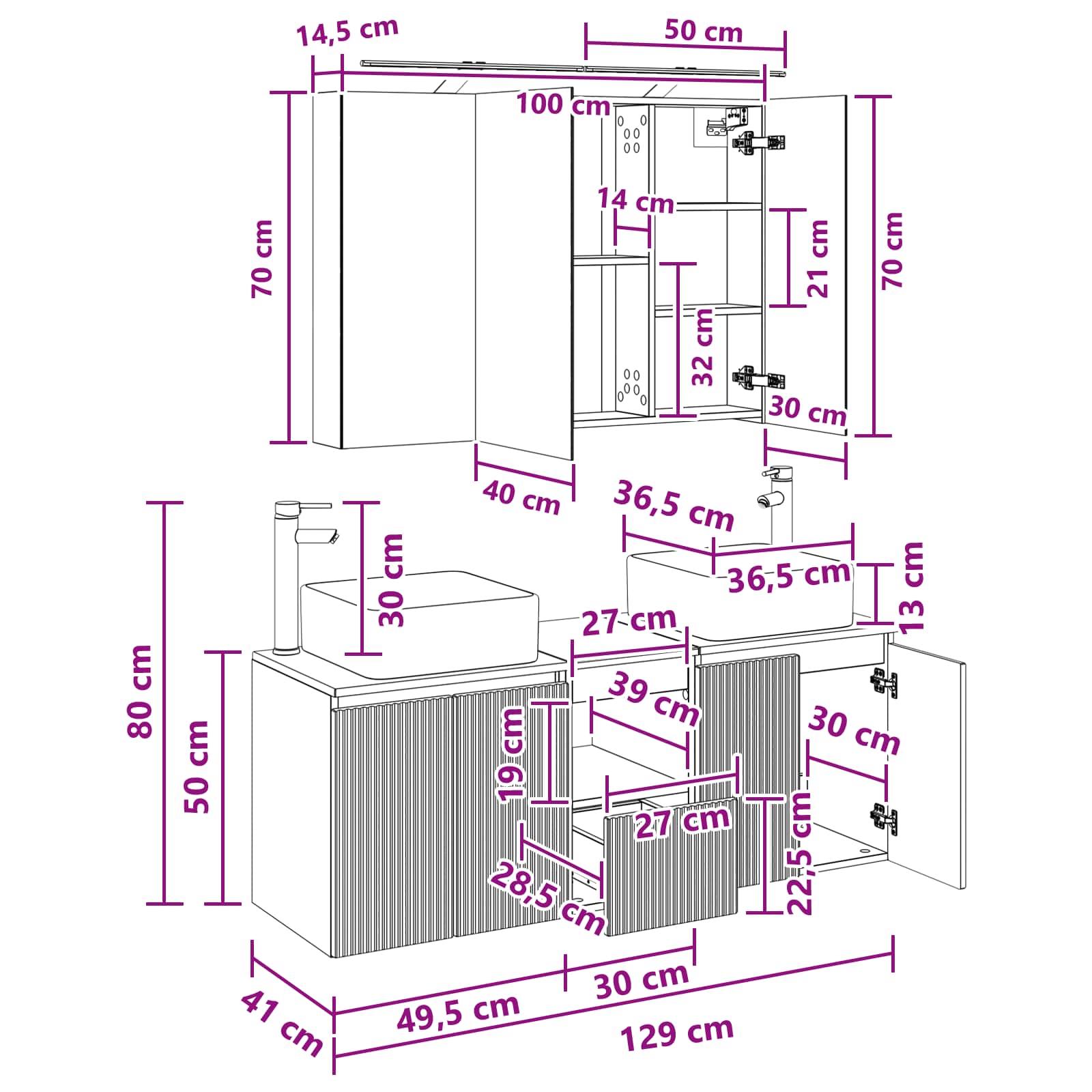 vidaXL Badkamerkastenset 4 pcs Wit 100 x 14,5 x 70 cm Bewerkt hout