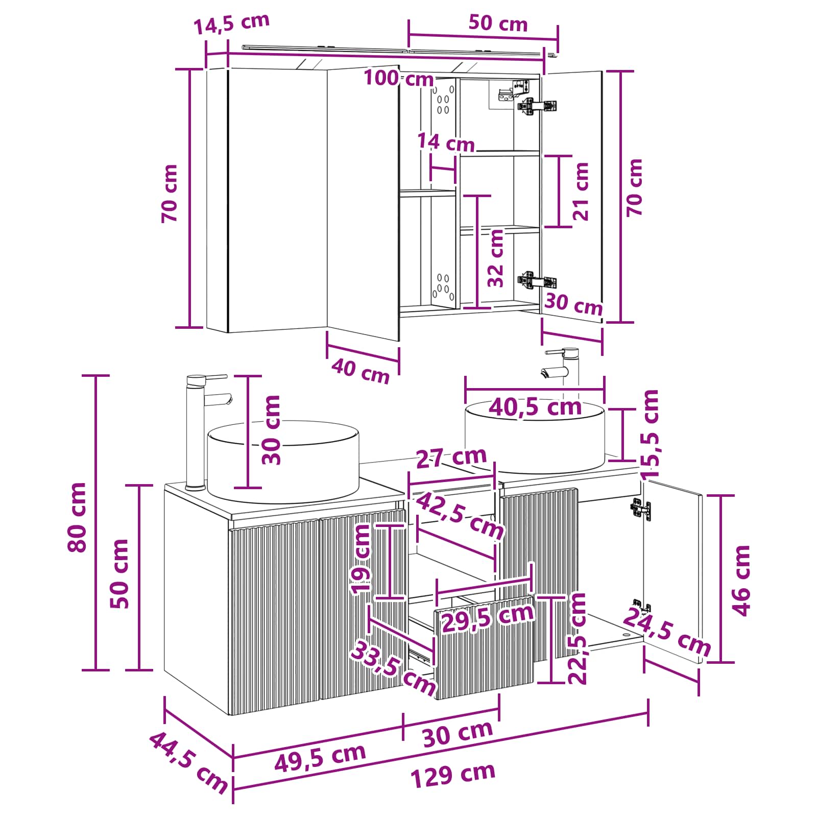 vidaXL Badkamerkastenset 4 pcs Wit 100 x 14,5 x 70 cm Bewerkt hout