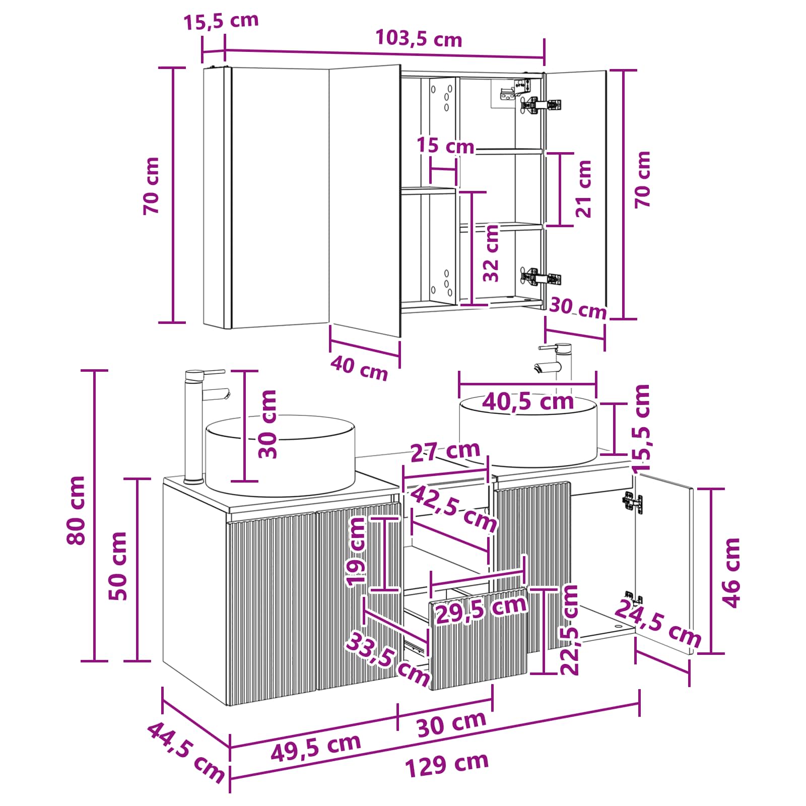 vidaXL Badkamerkastenset 4 pcs Wit 103,5 x 15,5 x 70 cm Bewerkt hout