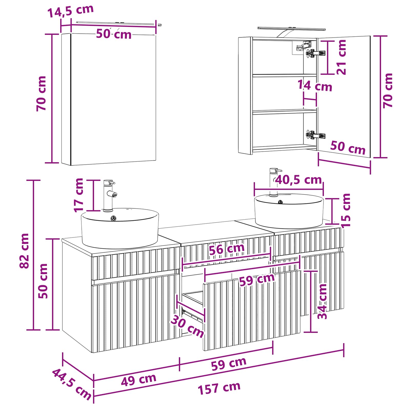 vidaXL Badkamerkastenset 5 pcs Wit 50 x 14,5 x 70 cm Bewerkt hout