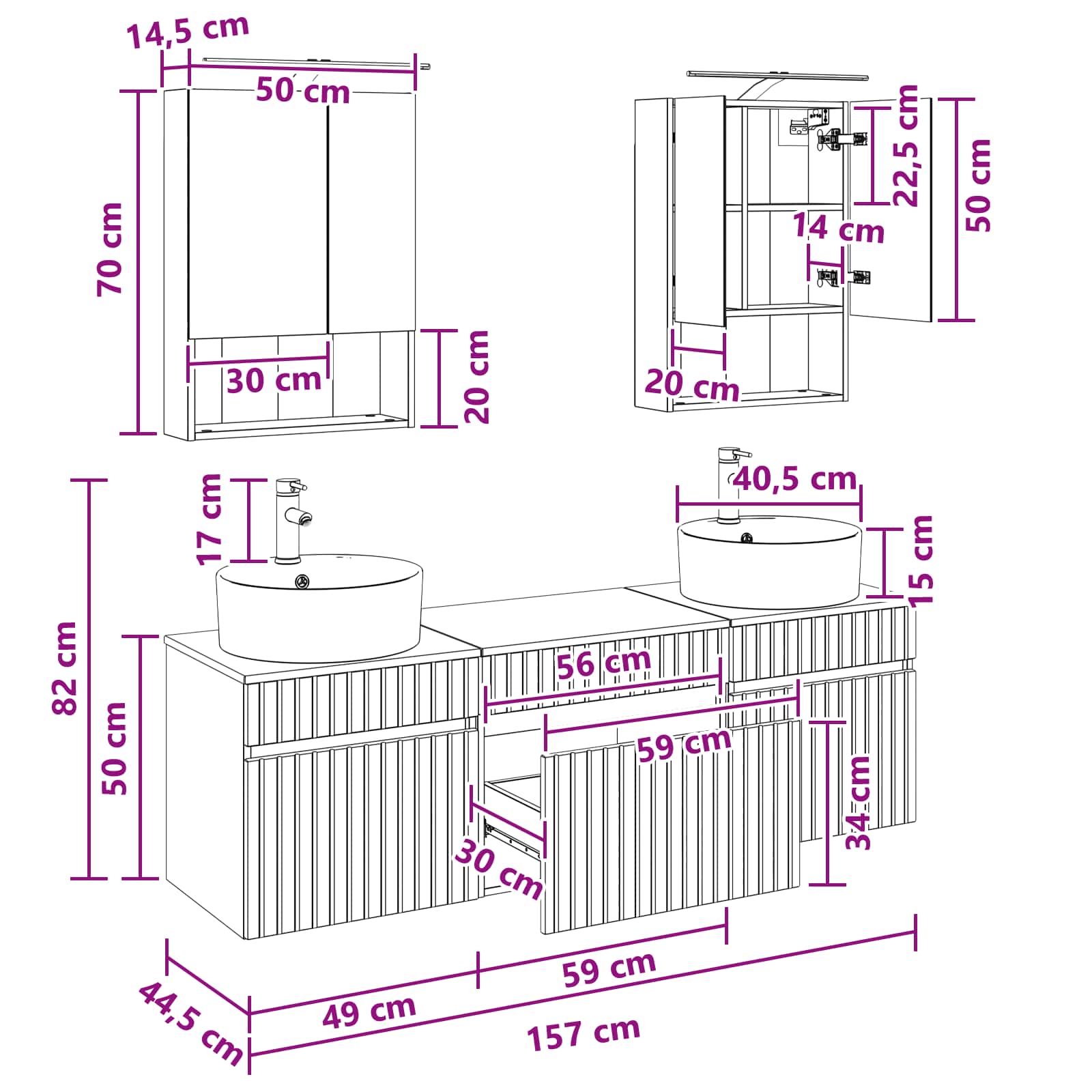 vidaXL Badkamerkastenset 5 pcs Wit 50 x 14,5 x 70 cm Bewerkt hout
