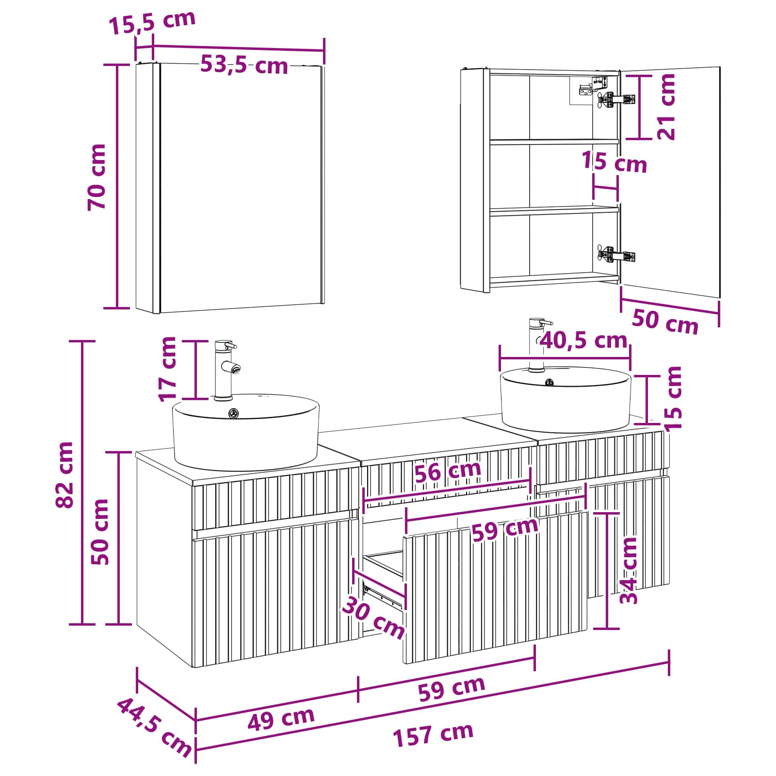 vidaXL Badkamerkastenset 5 pcs Wit 53 x 15,5 x 70 cm Bewerkt hout