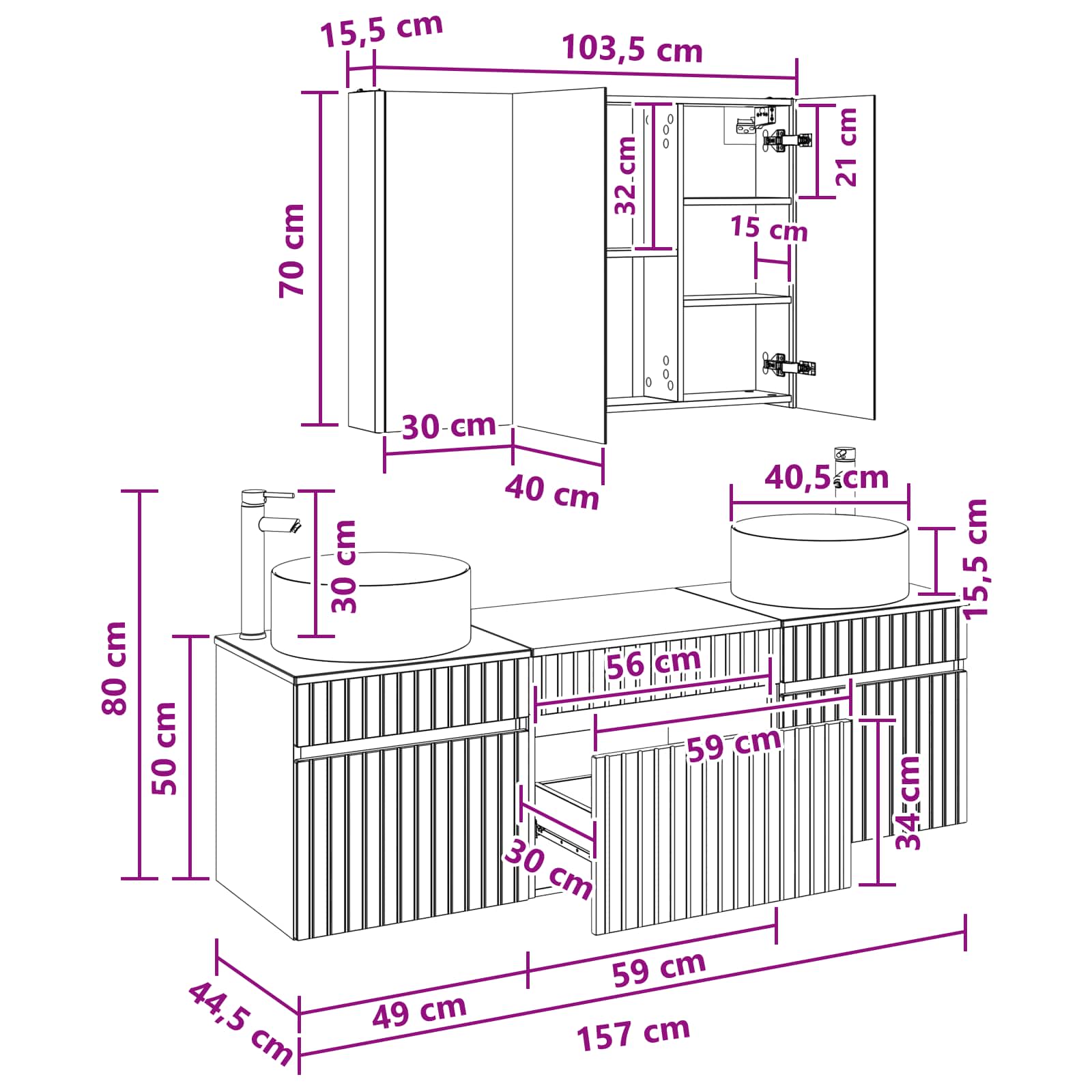 vidaXL Badkamerkastenset 4 pcs Wit 103,5 x 15,5 x 70 cm Bewerkt hout