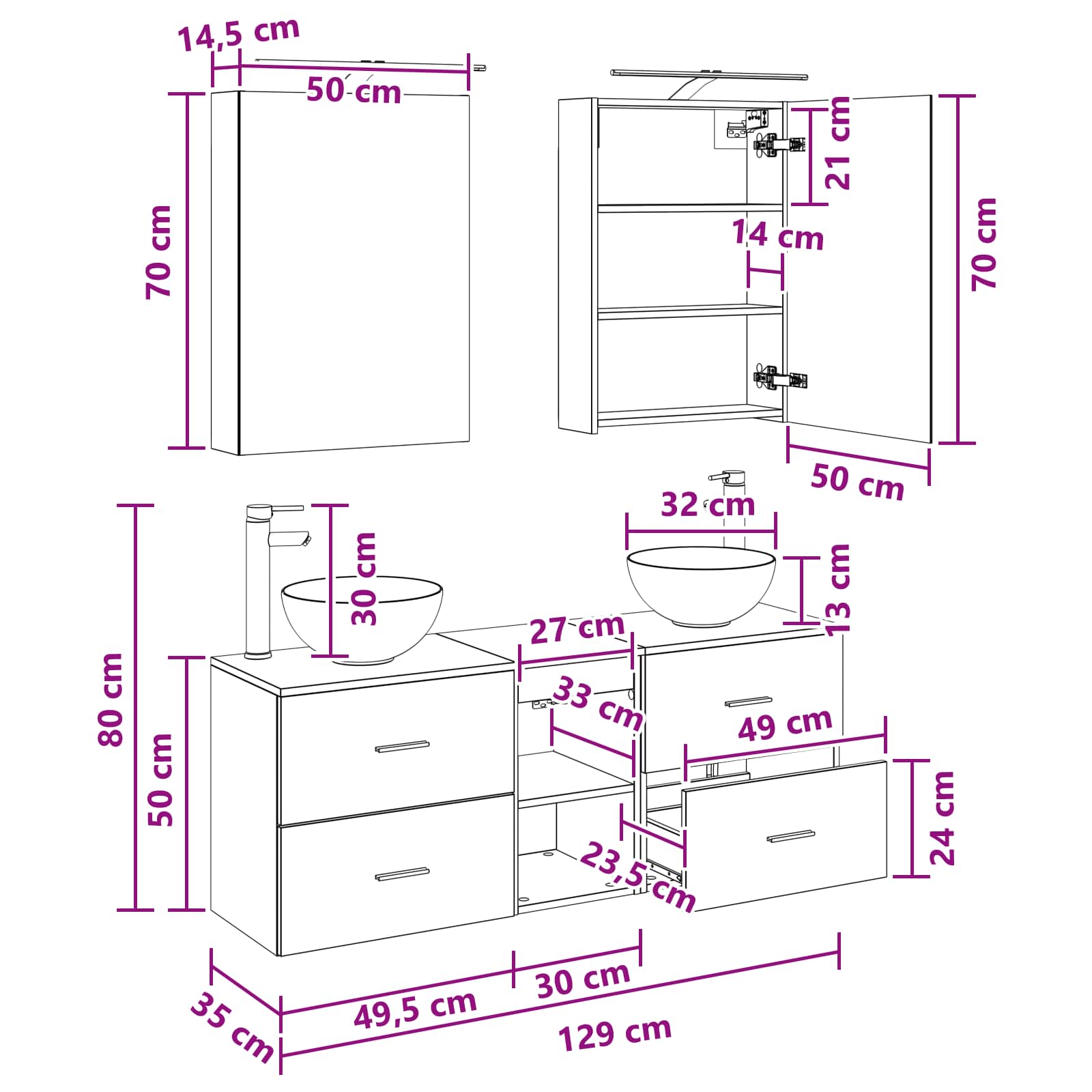 vidaXL Badkamerkastenset 5 pcs Wit 50 x 14,5 x 70 cm Bewerkt hout