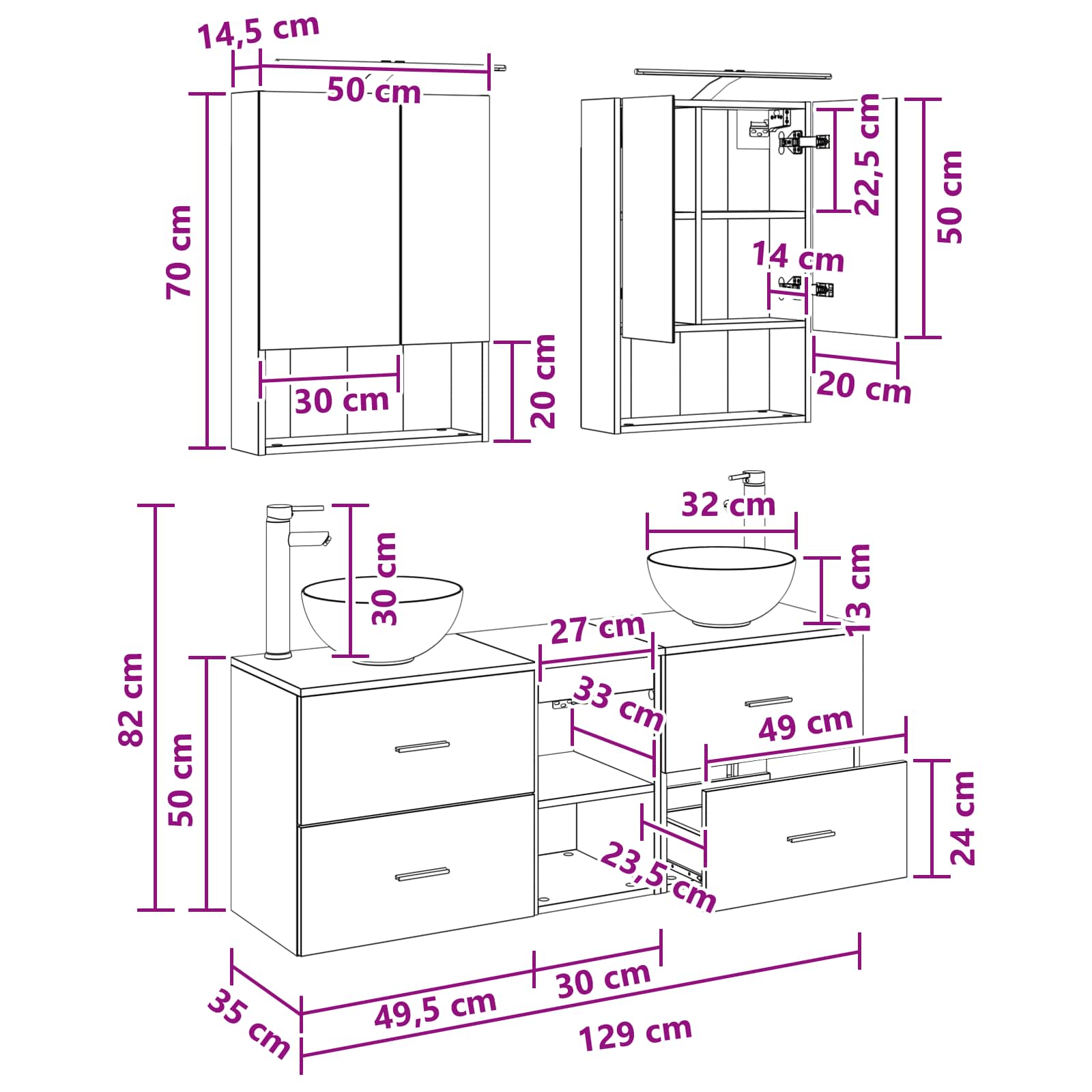 vidaXL Badkamerkastenset 5 pcs Wit 50 x 14,5 x 70 cm Bewerkt hout