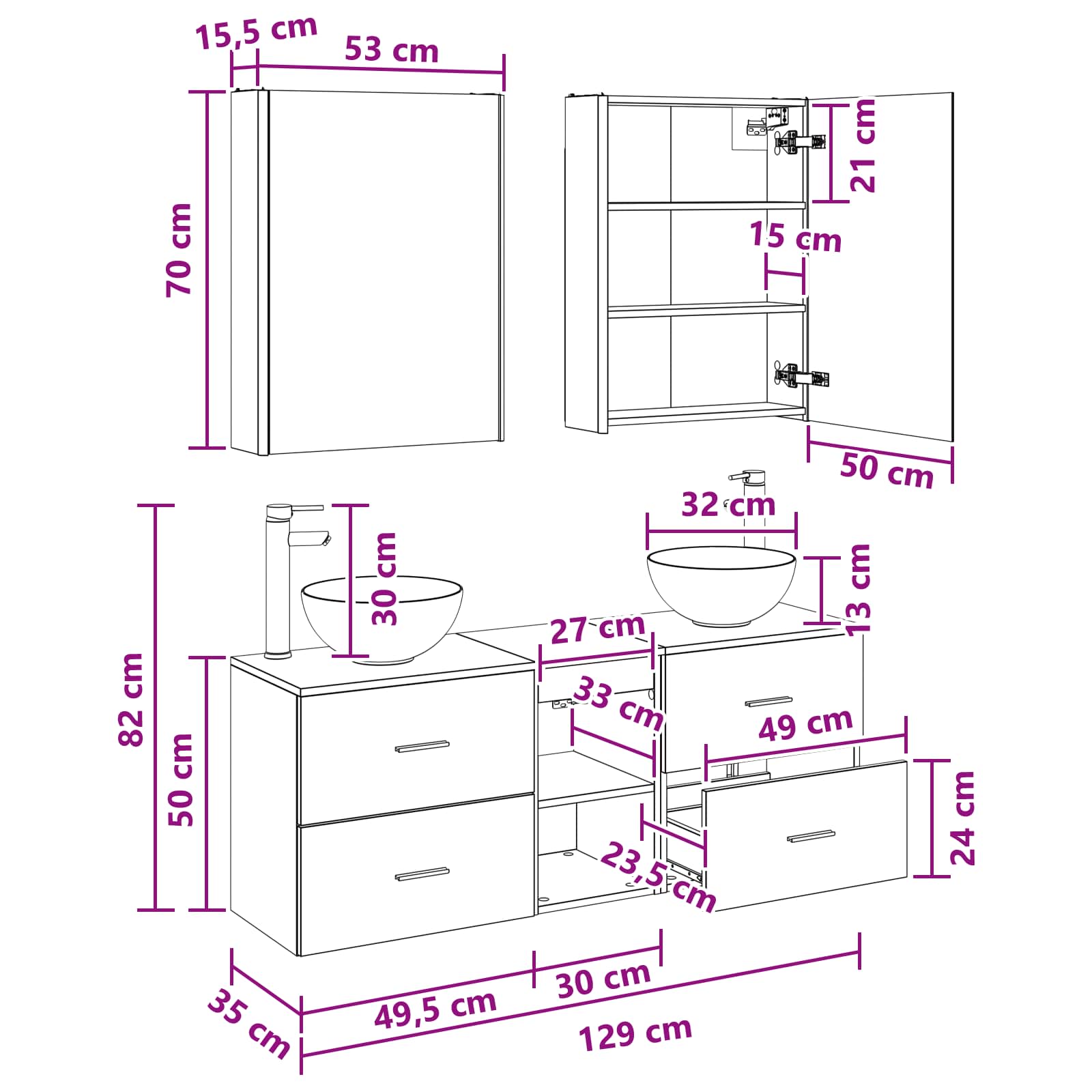 vidaXL Badkamerkastenset 5 pcs Wit 53 x 15,5 x 70 cm Bewerkt hout