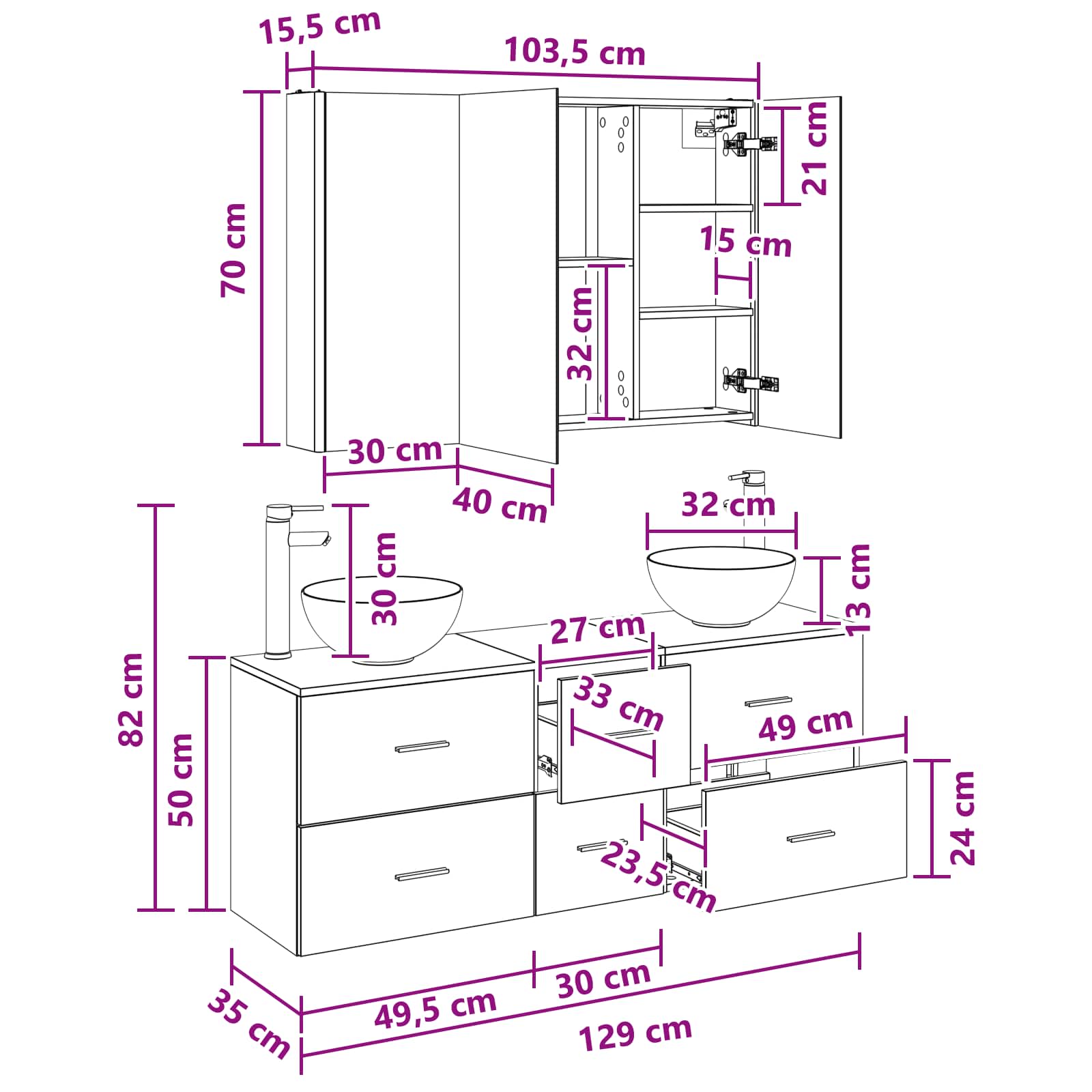 vidaXL Badkamermeubelset 4 pcs Wit Bewerkt hout en glas