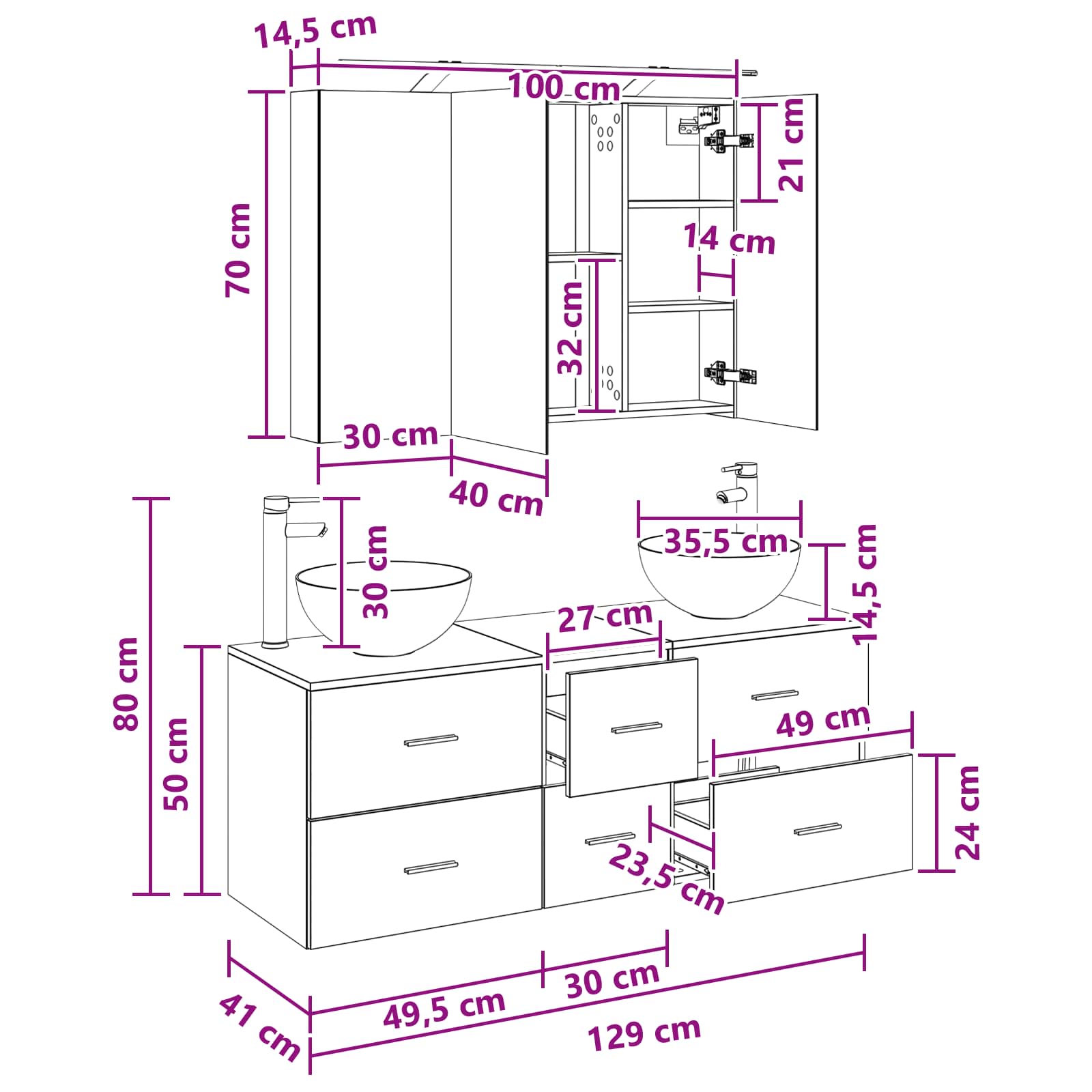 vidaXL Badkamermeubelset 4 pcs Wit Bewerkt hout en glas
