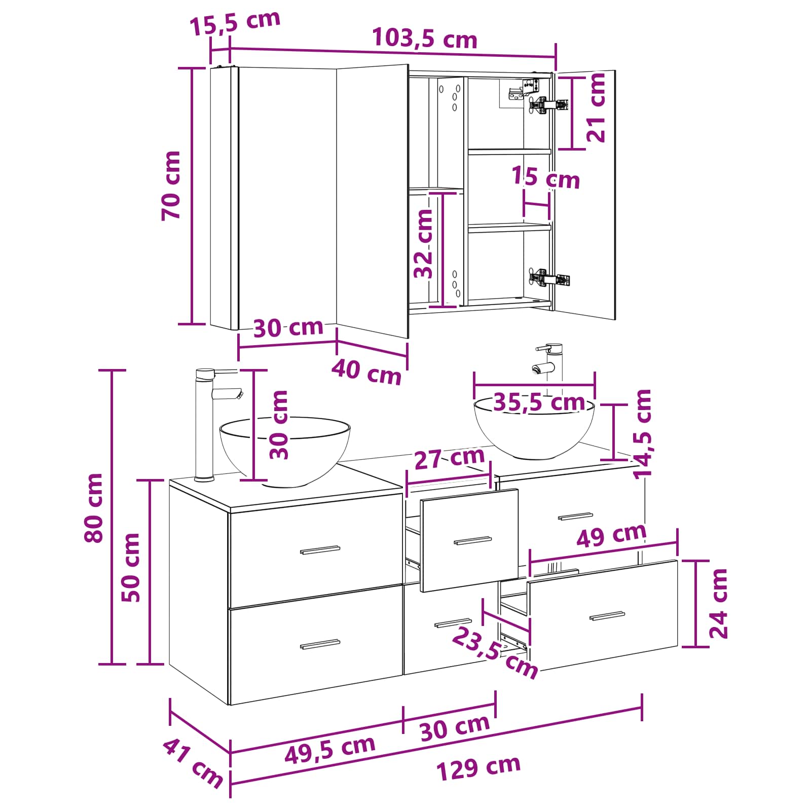 vidaXL Badkamermeubelset 4 pcs Wit Bewerkt hout en glas