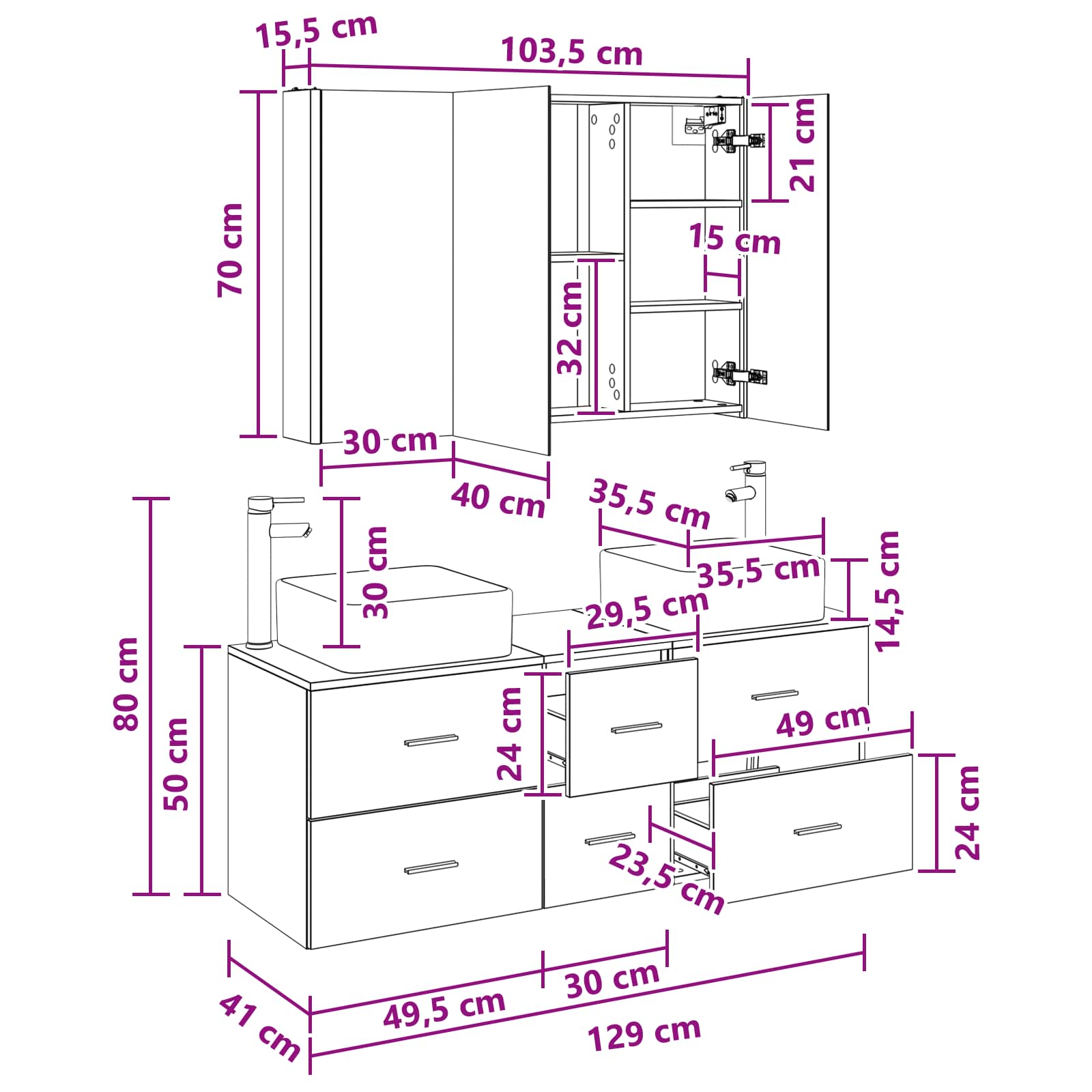 vidaXL Badkamermeubelset 4 pcs Wit Bewerkt hout en glas