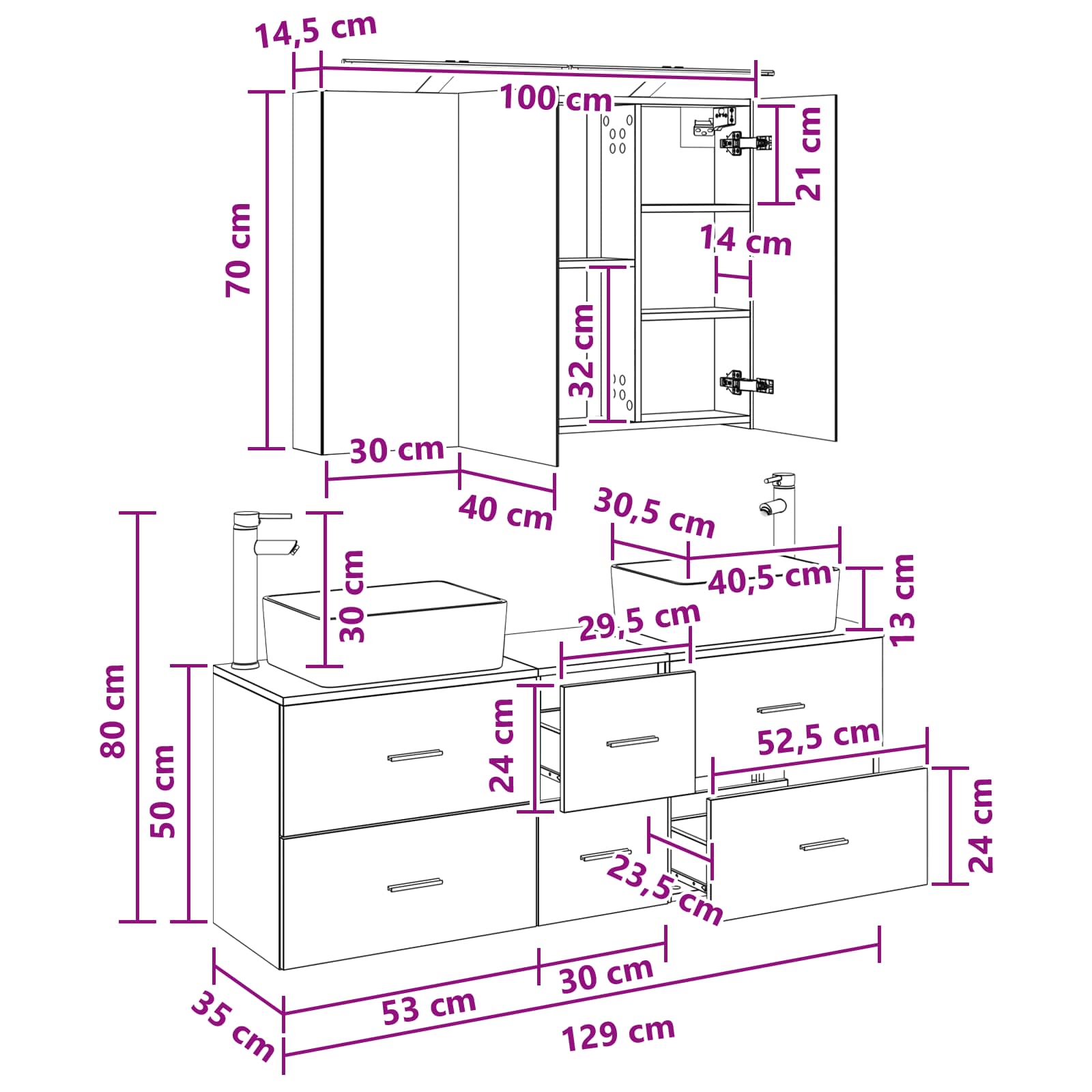 vidaXL Badkamermeubelset 4 pcs Wit Bewerkt hout en glas
