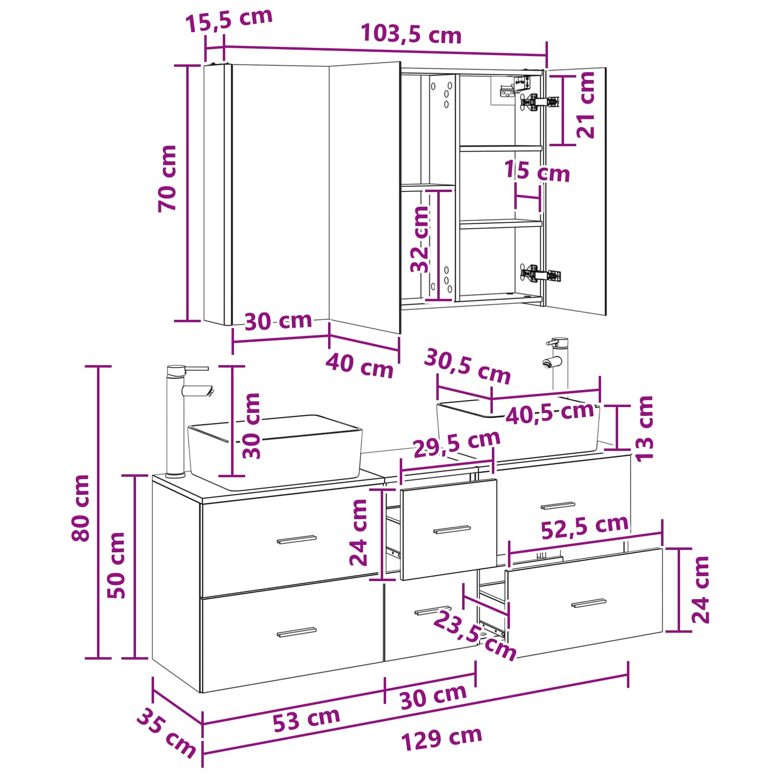 vidaXL Badkamermeubelset 4 pcs Wit Bewerkt hout en glas