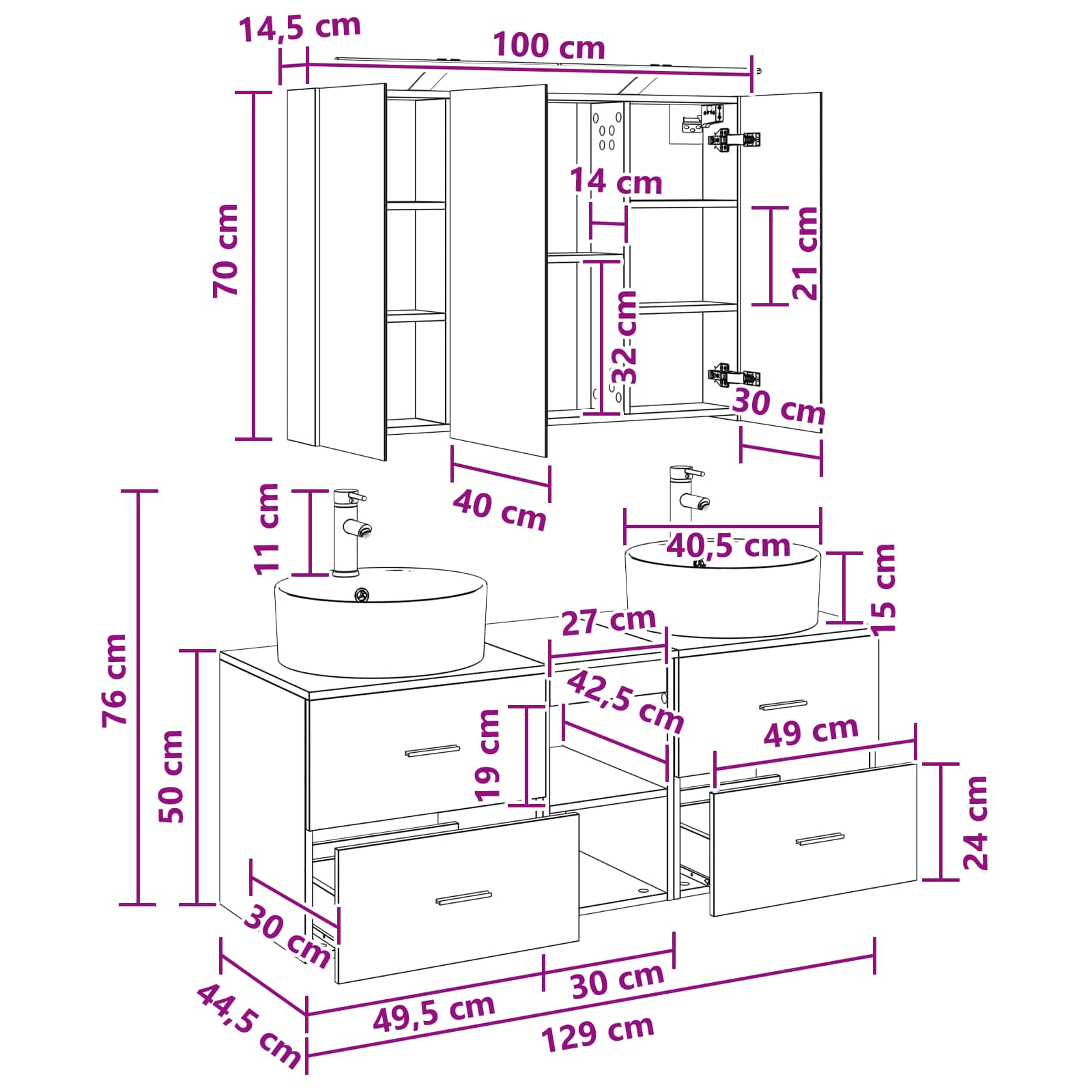 vidaXL Badkamermeubelset 4 pcs Wit Bewerkt hout en glas