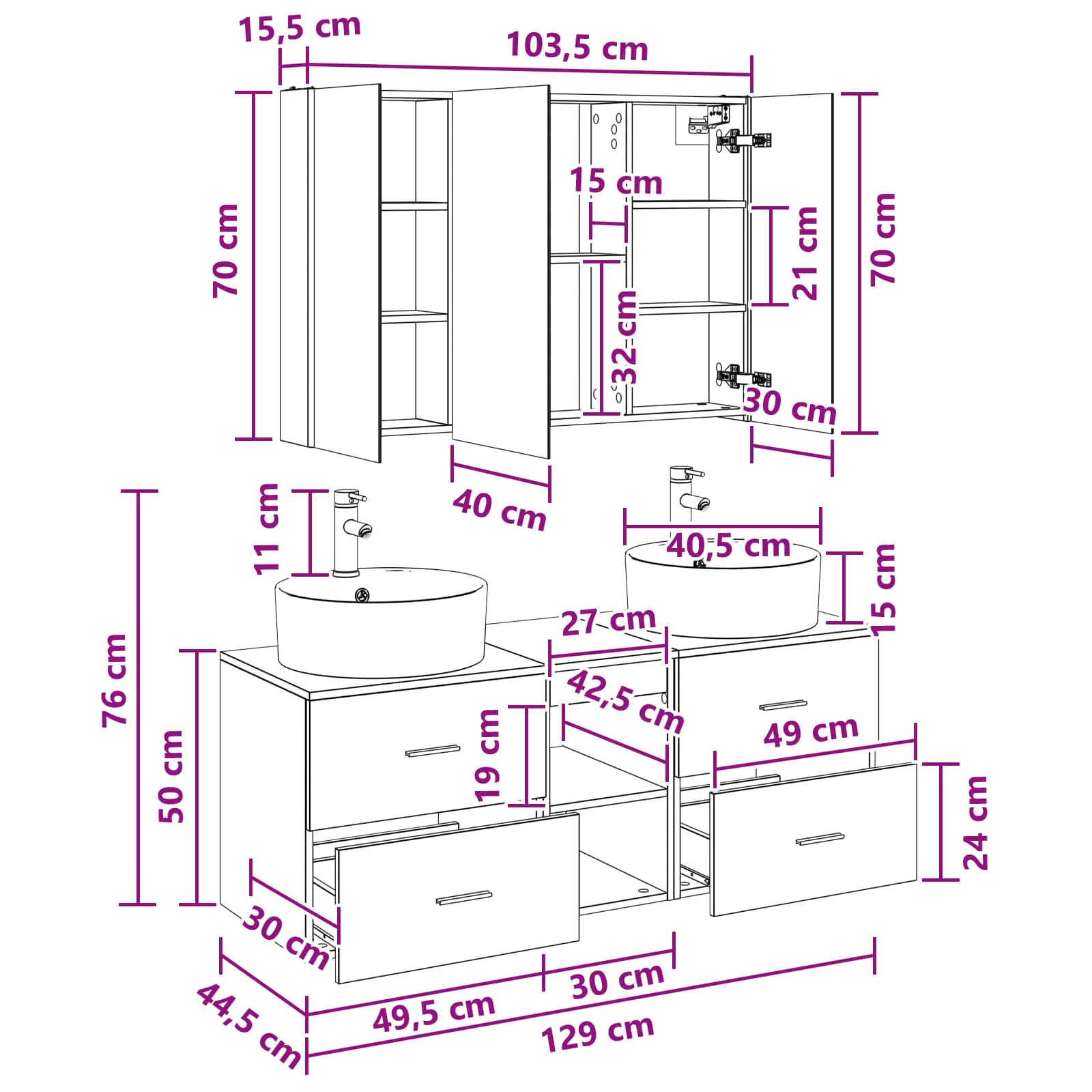 vidaXL Badkamermeubelset 4 pcs Wit Bewerkt hout en glas