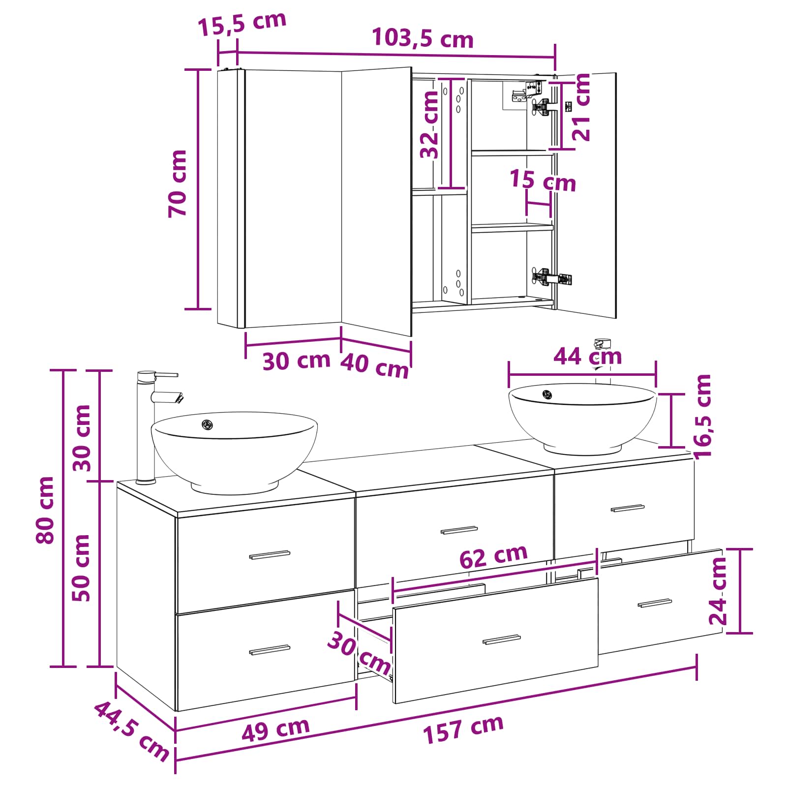 vidaXL Badkamermeubelset 4 pcs Wit Bewerkt hout en glas