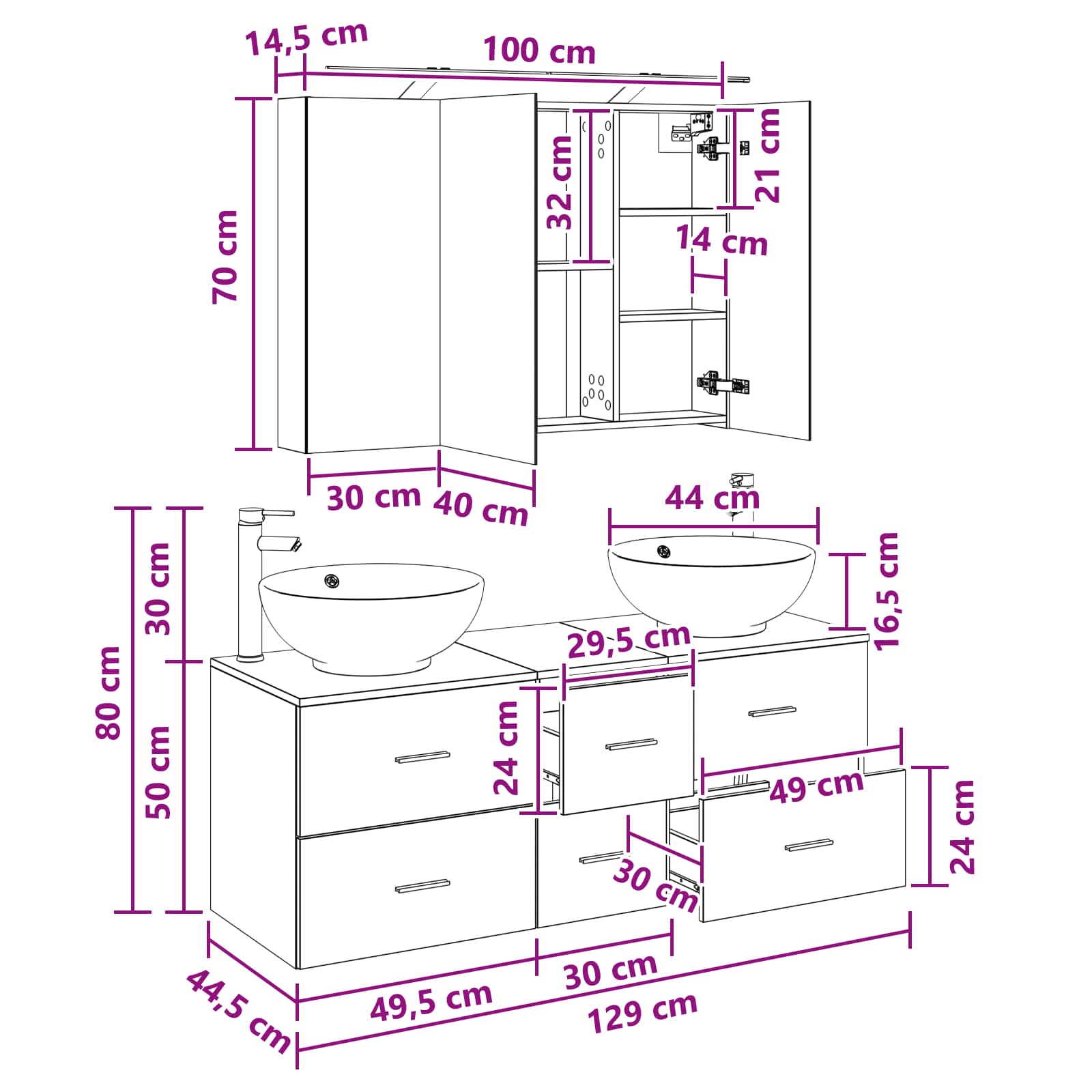vidaXL Badkamermeubelset 4 pcs Wit Bewerkt hout en glas