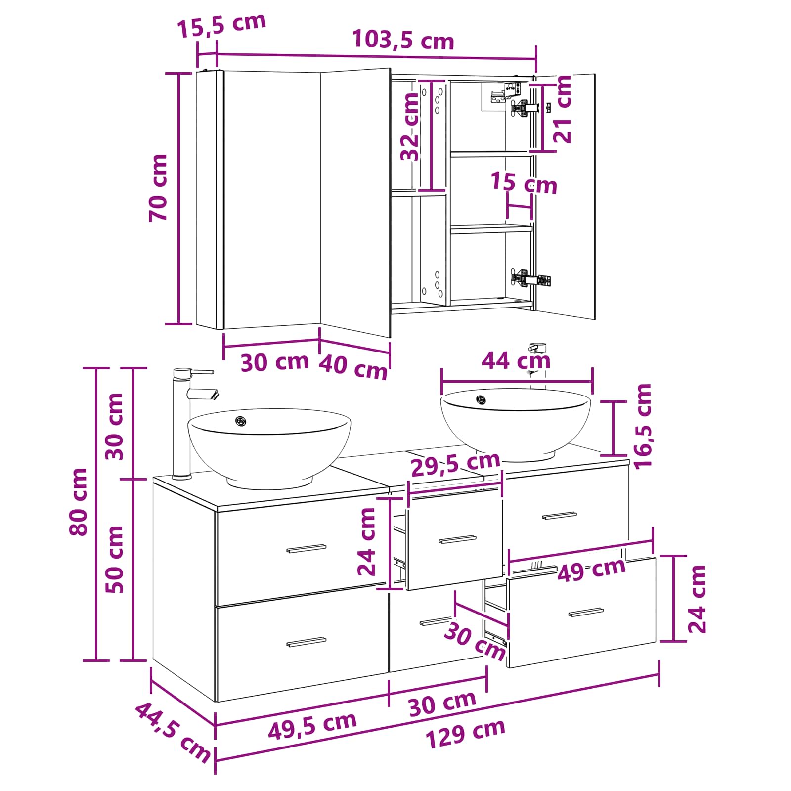 vidaXL Badkamermeubelset 4 pcs Wit Bewerkt hout en glas