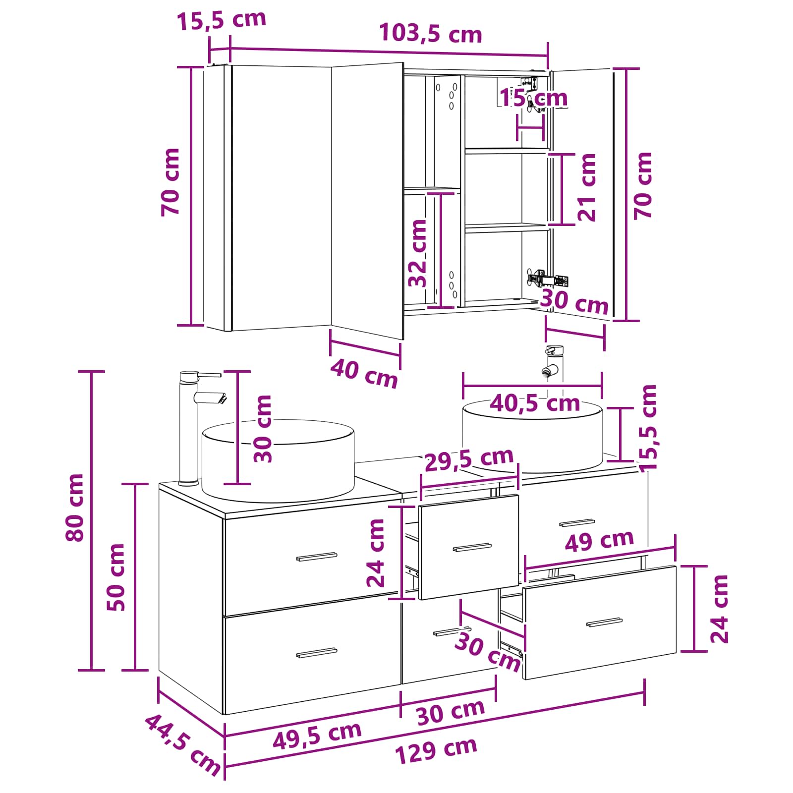 vidaXL Badkamermeubelset 4 pcs Wit Bewerkt hout en glas