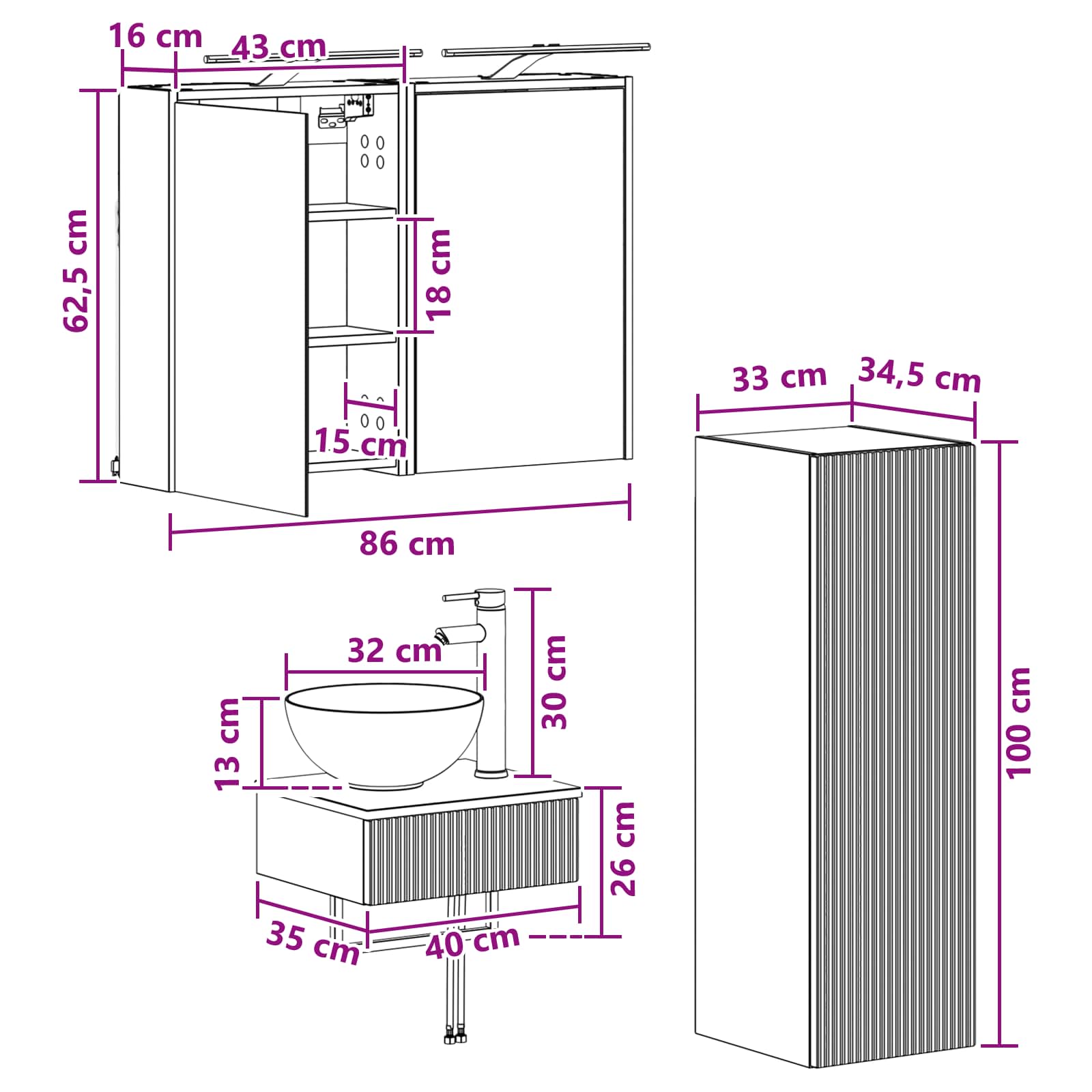 vidaXL Badkamerkastenset 4 pcs Wit 43 x 16 x 62,5 cm Bewerkt hout