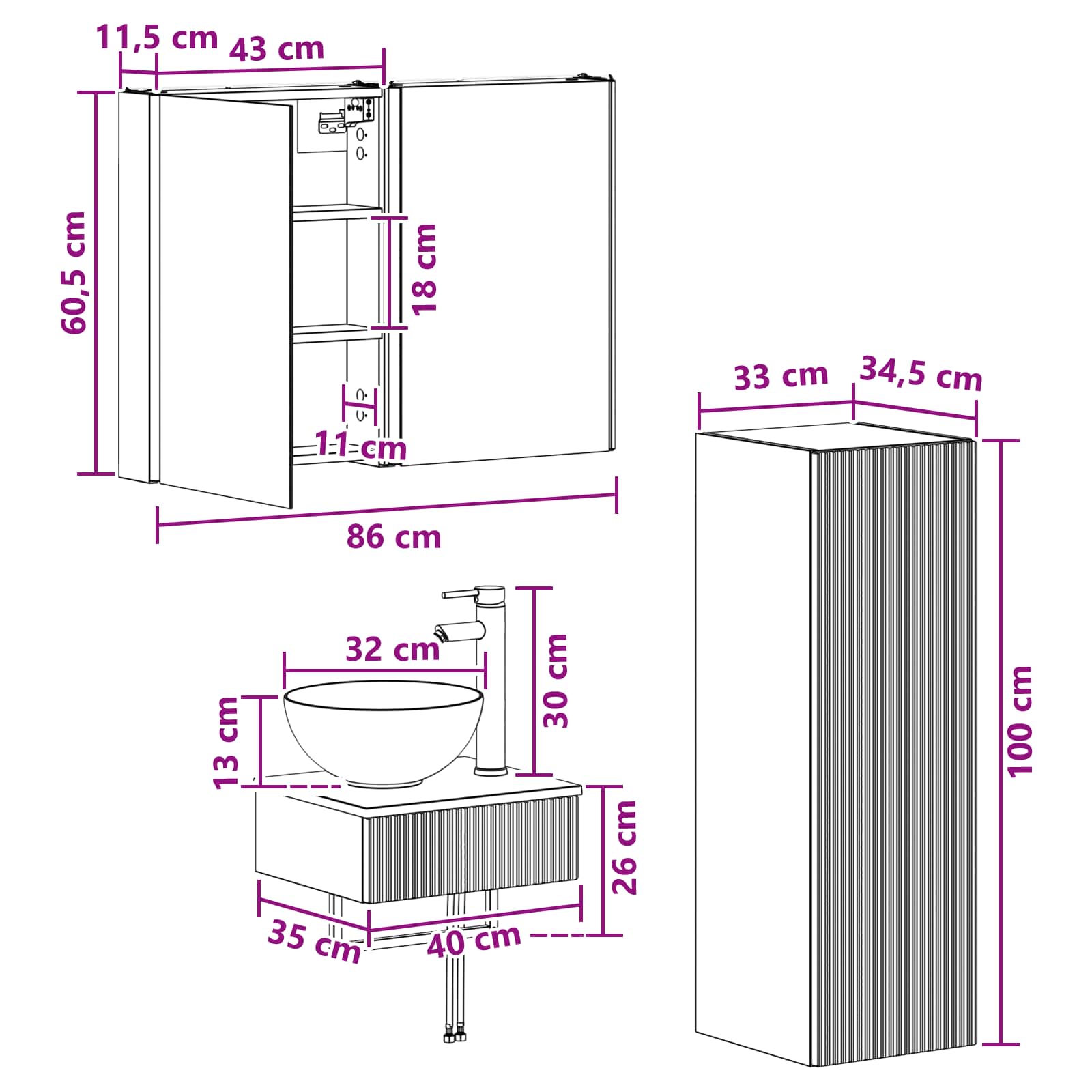 vidaXL Badkamerkastenset 4 pcs Wit 43 x 11,5 x 60,5 cm Bewerkt hout