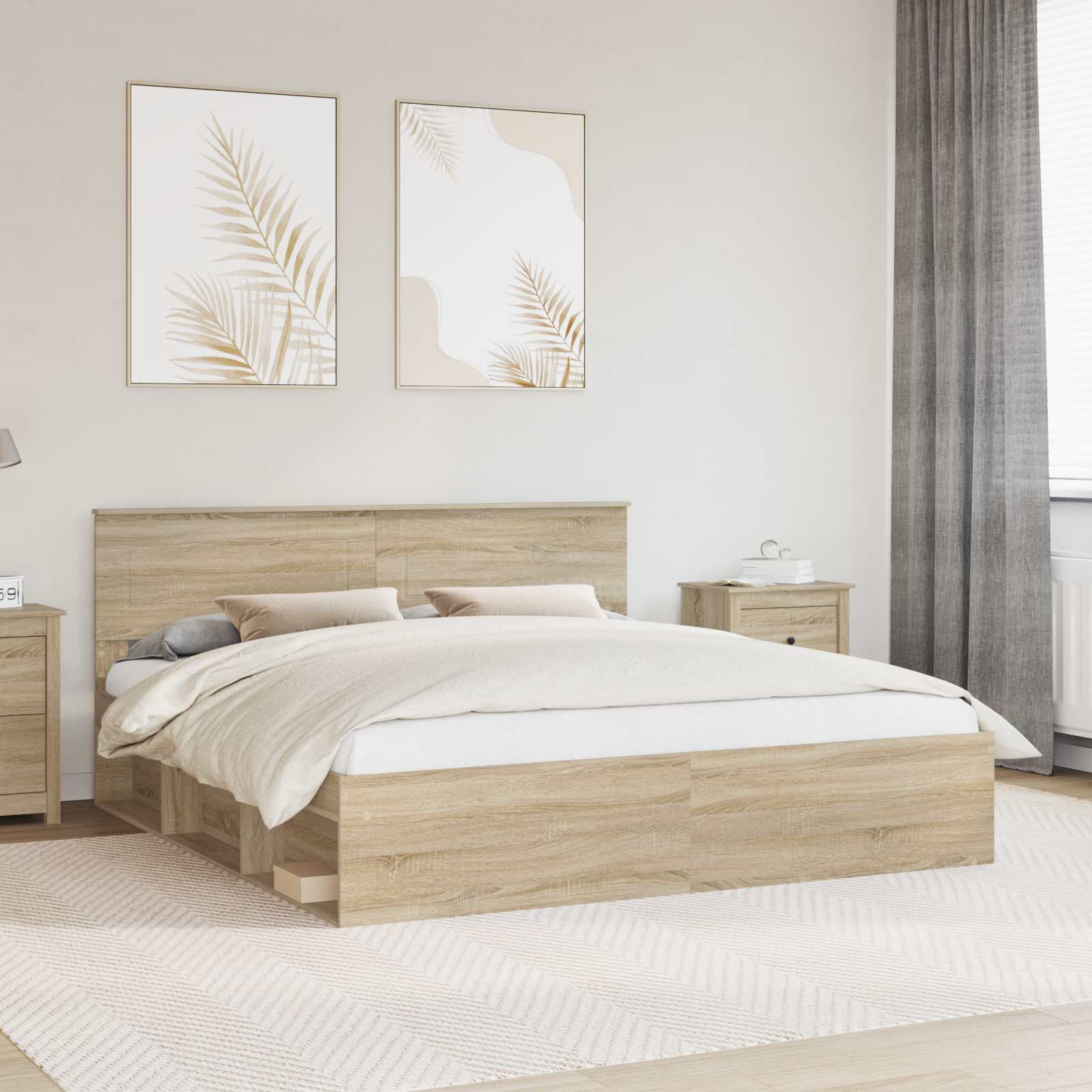 vidaXL Bedframe met hoofdeinde Beton 200 x 200 cm Bewerkt hout