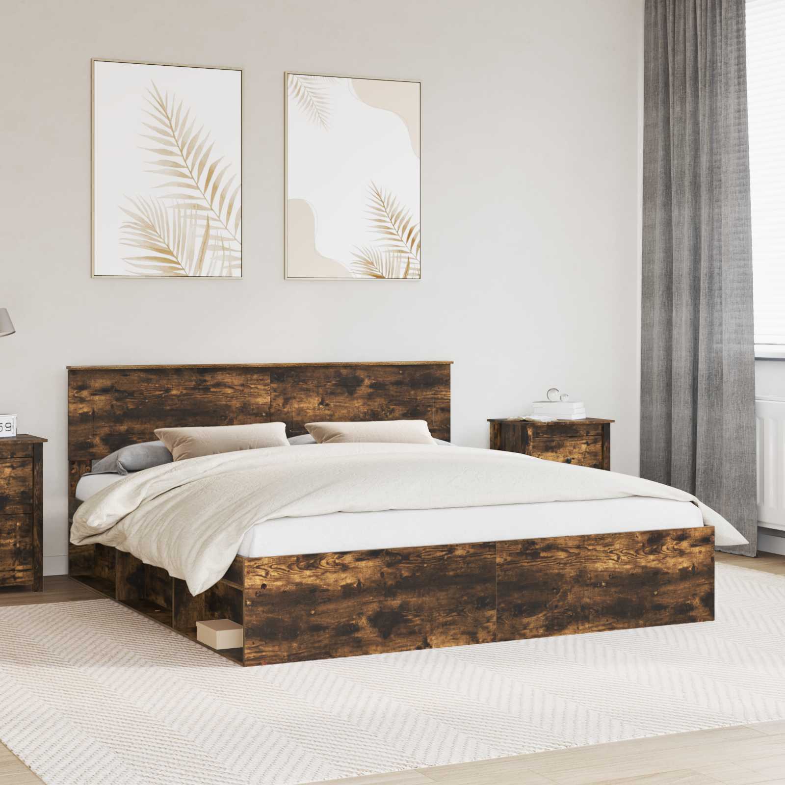vidaXL Bedframe met hoofdeinde Beton 200 x 200 cm Bewerkt hout