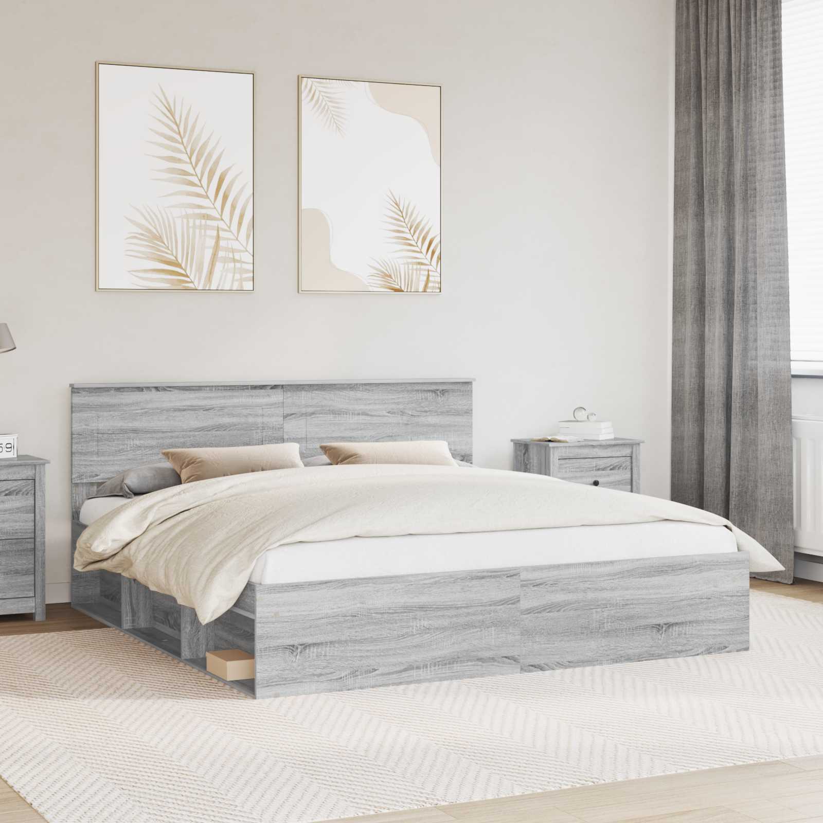 vidaXL Bedframe met hoofdeinde Beton 200 x 200 cm Bewerkt hout
