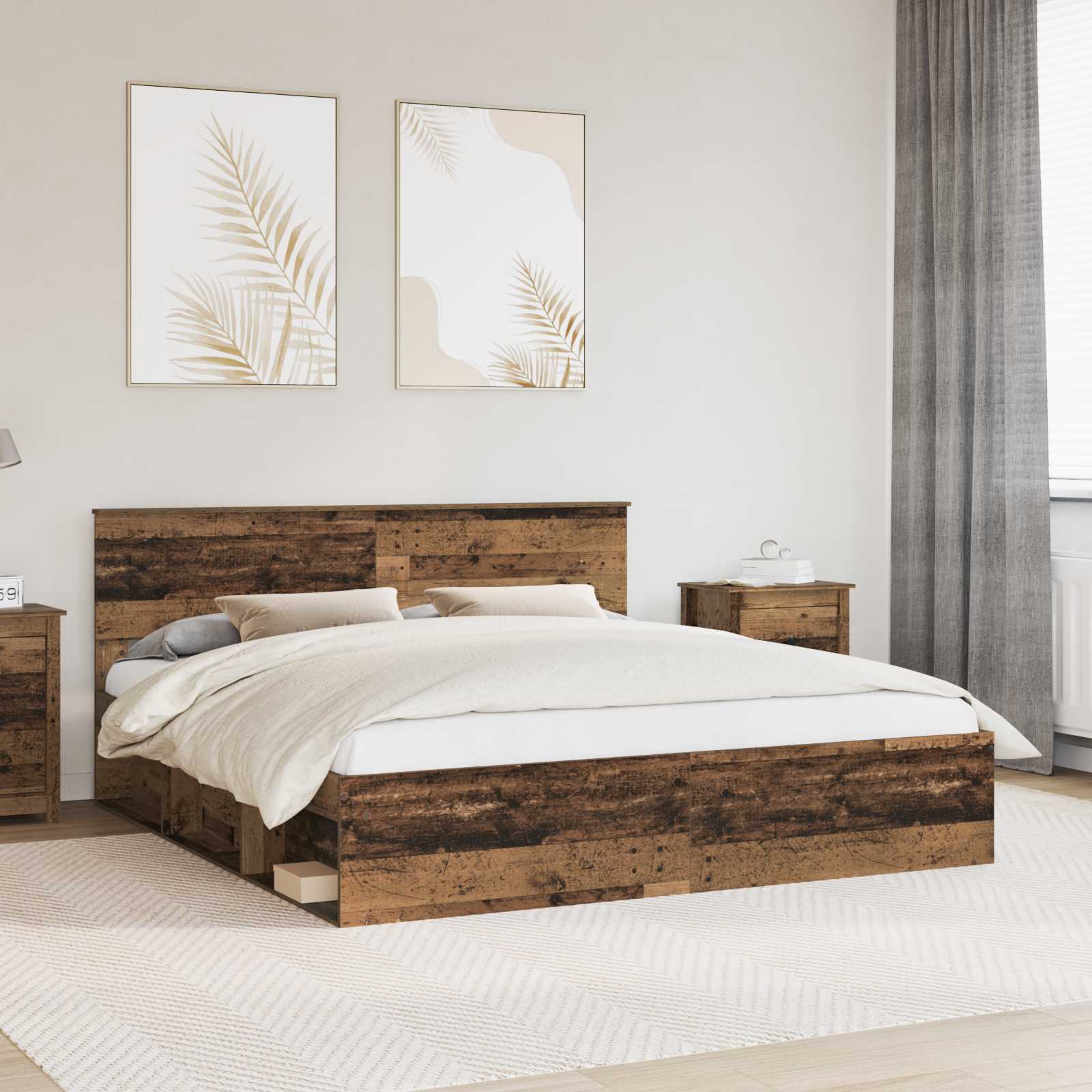 vidaXL Bedframe met hoofdeinde Beton 200 x 200 cm Bewerkt hout