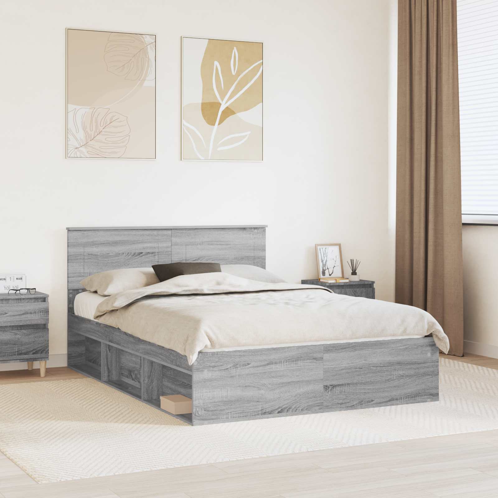 vidaXL Bedframe met hoofdeinde Beton 200 x 200 cm Bewerkt hout