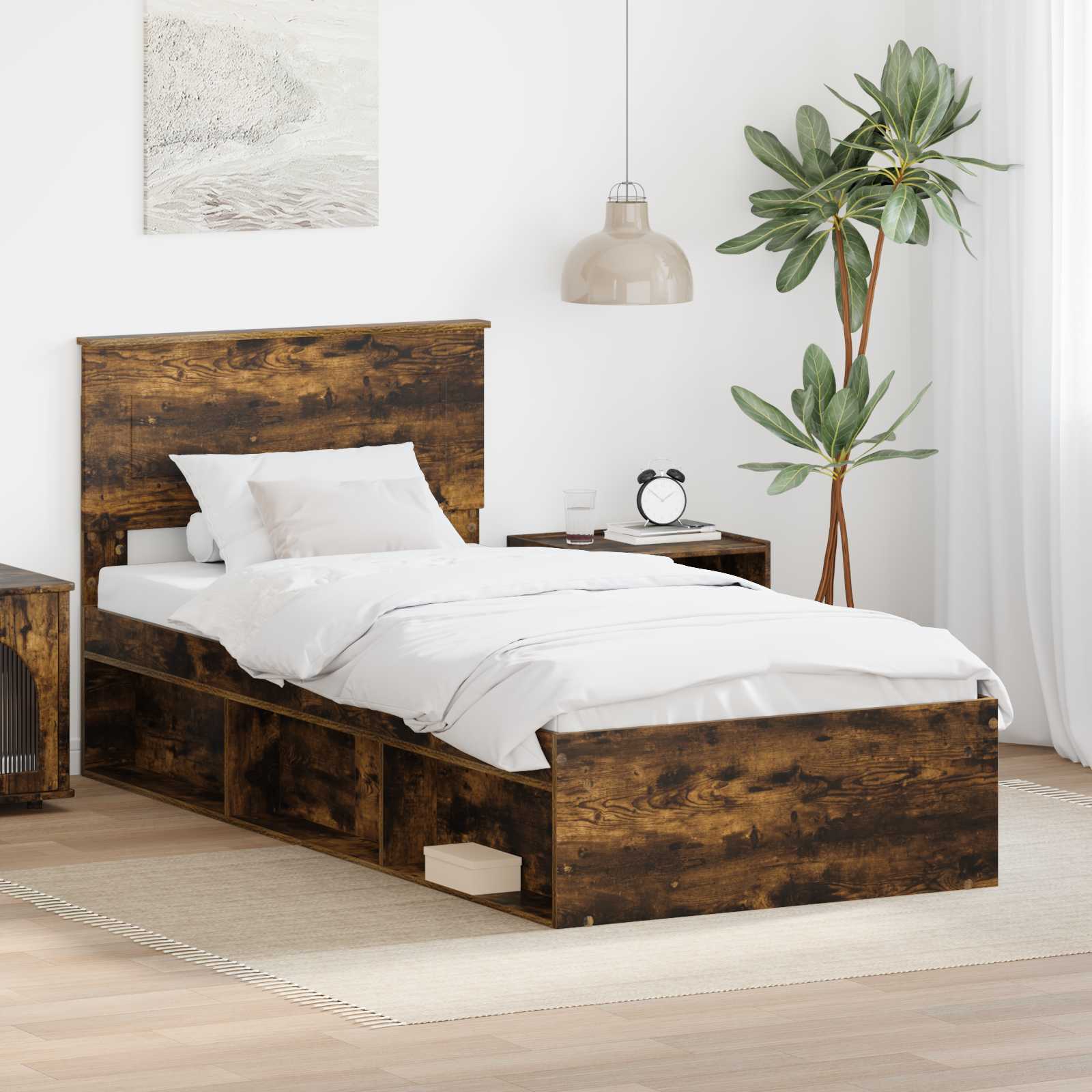 vidaXL Bedframe met hoofdeinde Beton 200 x 200 cm Bewerkt hout